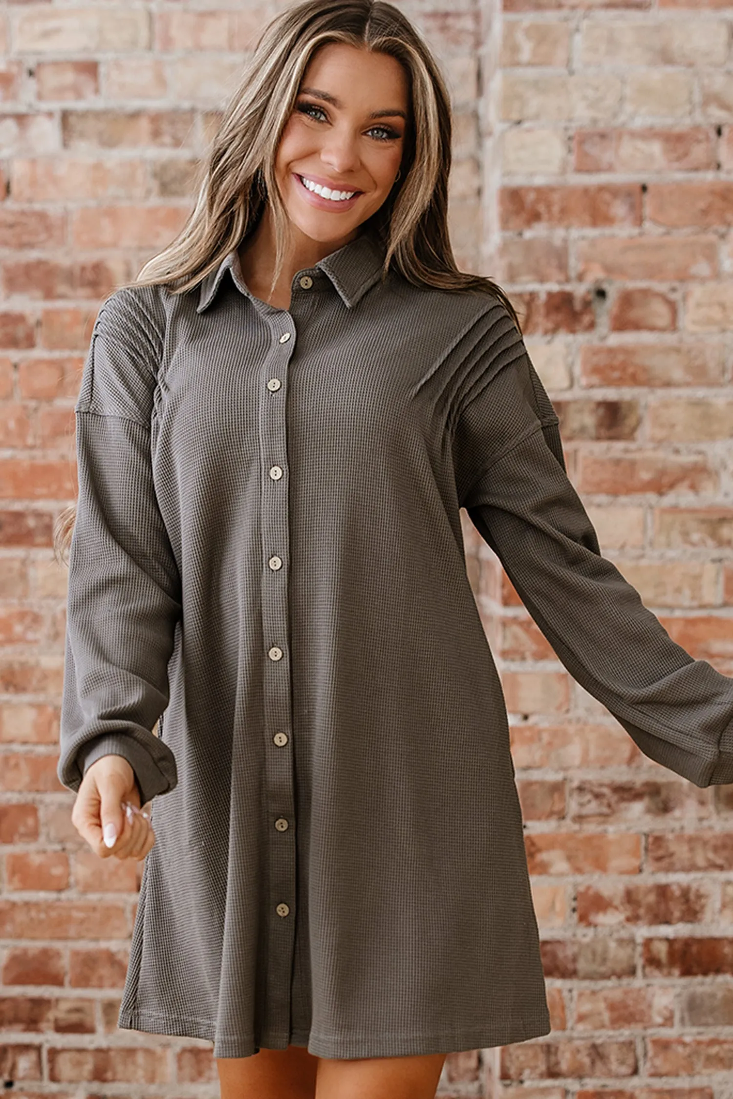 Threaded Pear Viviana Taupe Waffle Knit Shirt sold by Zulily product image thumbnail 4