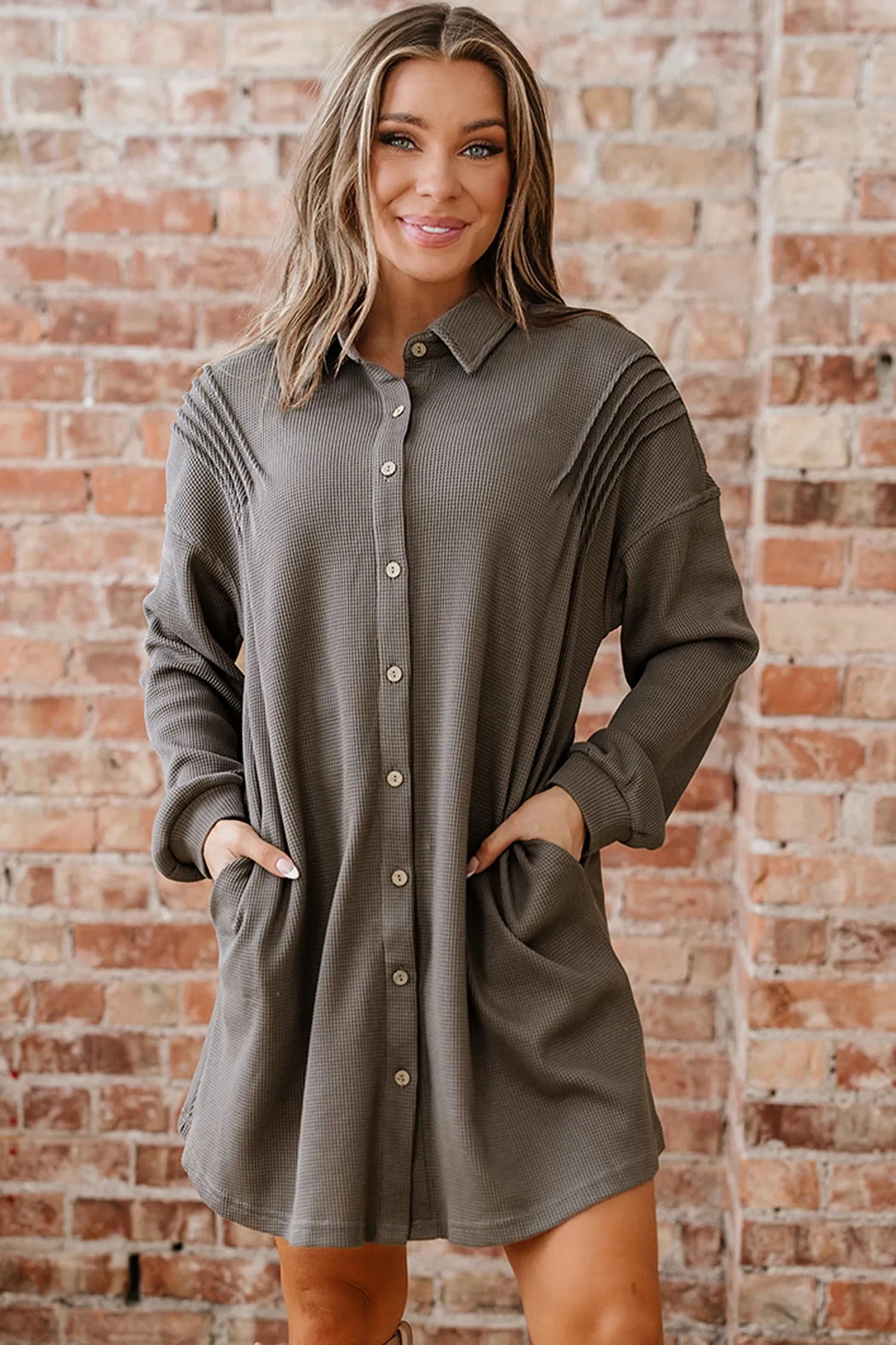 Threaded Pear Viviana Taupe Waffle Knit Shirt sold by Zulily product image thumbnail 5