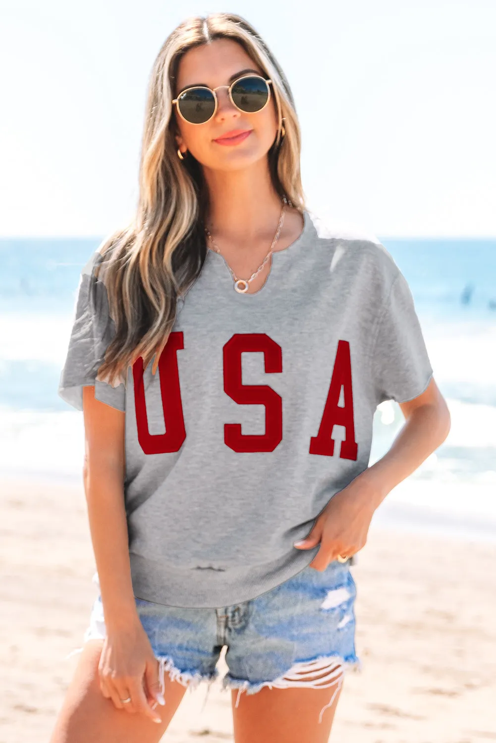 Threaded Pear USA Patch Notched Neck Loose Tee sold by Zulily