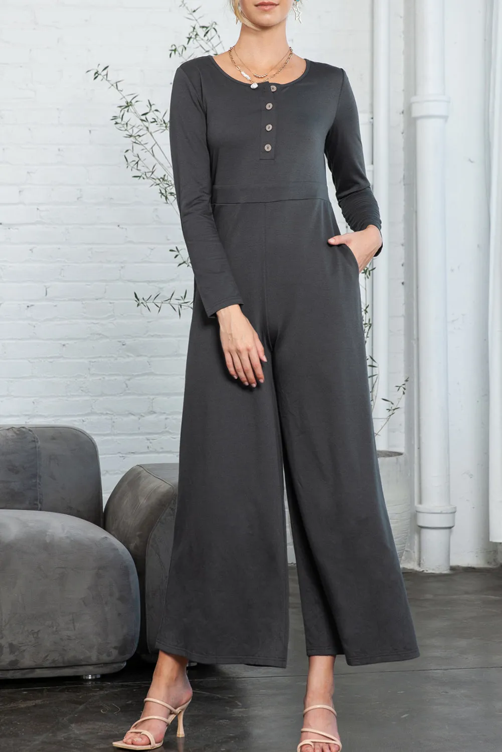 Threaded Pear Trinity Button Long Sleeve Wide Leg Jumpsuit sold by Zulily