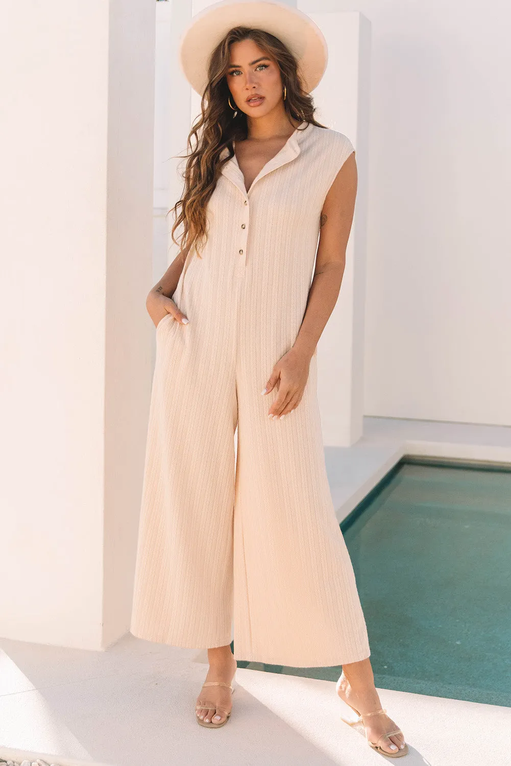 Threaded Pear Textured Buttoned Wide Leg Sleeveless Jumpsuit sold by Zulily product image thumbnail 3