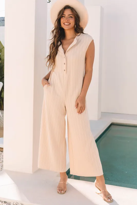 Threaded Pear Textured Buttoned Wide Leg Sleeveless Jumpsuit made by Threaded Pear