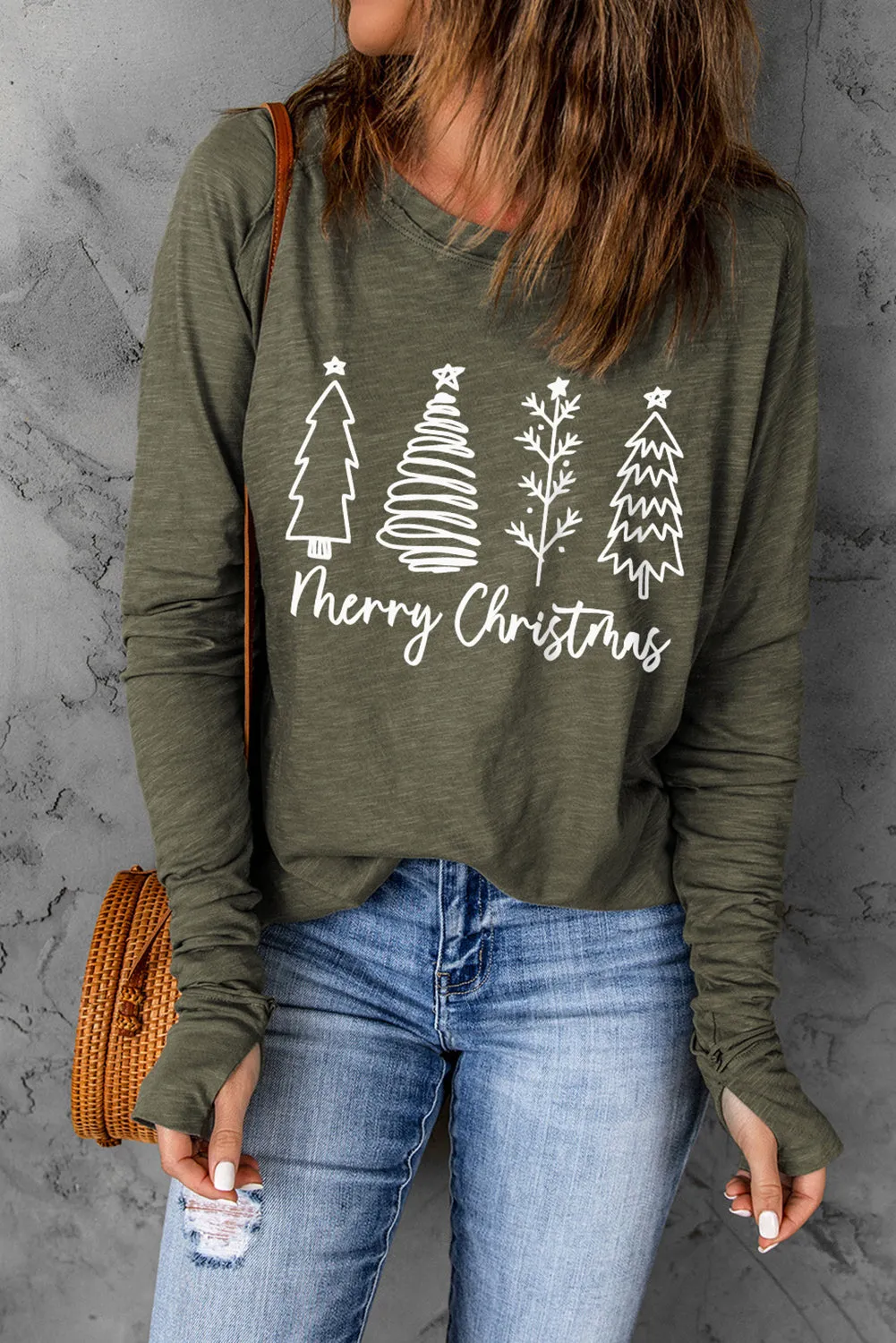 Threaded Pear Thea Merry Christmas Trees Thumbhole Sleeve Graphic Tee sold by Zulily product image thumbnail 5