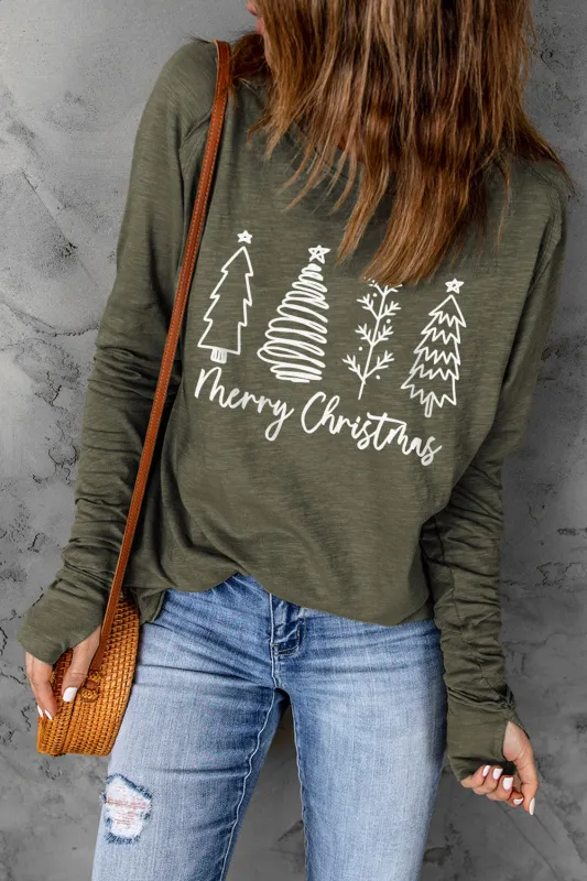 Threaded Pear Thea Merry Christmas Trees Thumbhole Sleeve Graphic Tee made by Threaded Pear