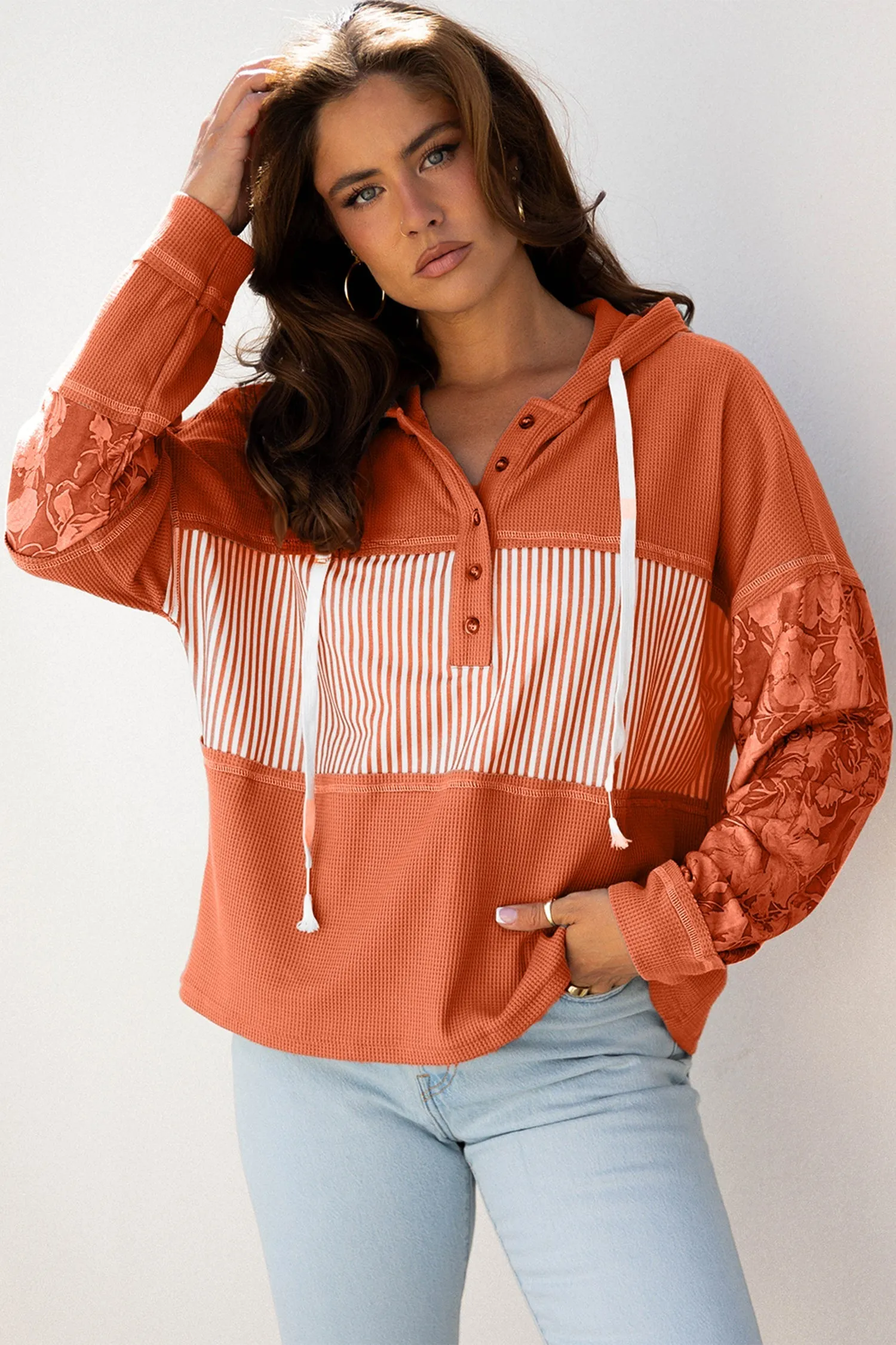 Threaded Pear Taytum Patchwork Drawstring Hooded Long Sleeve Top sold by Zulily product image thumbnail 3