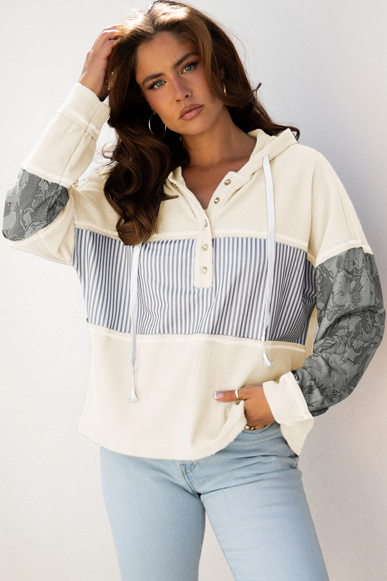 Threaded Pear Taytum Patchwork Drawstring Hooded Long Sleeve Top sold by Zulily product image thumbnail 2