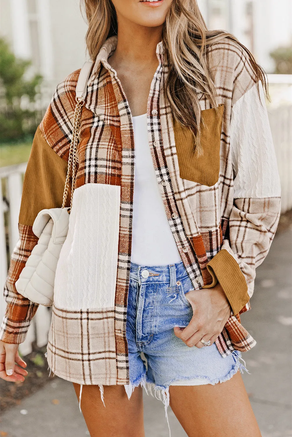 Threaded Pear Sutton Plaid Color Block Patchwork Shirt Jacket with Pocket sold by Zulily