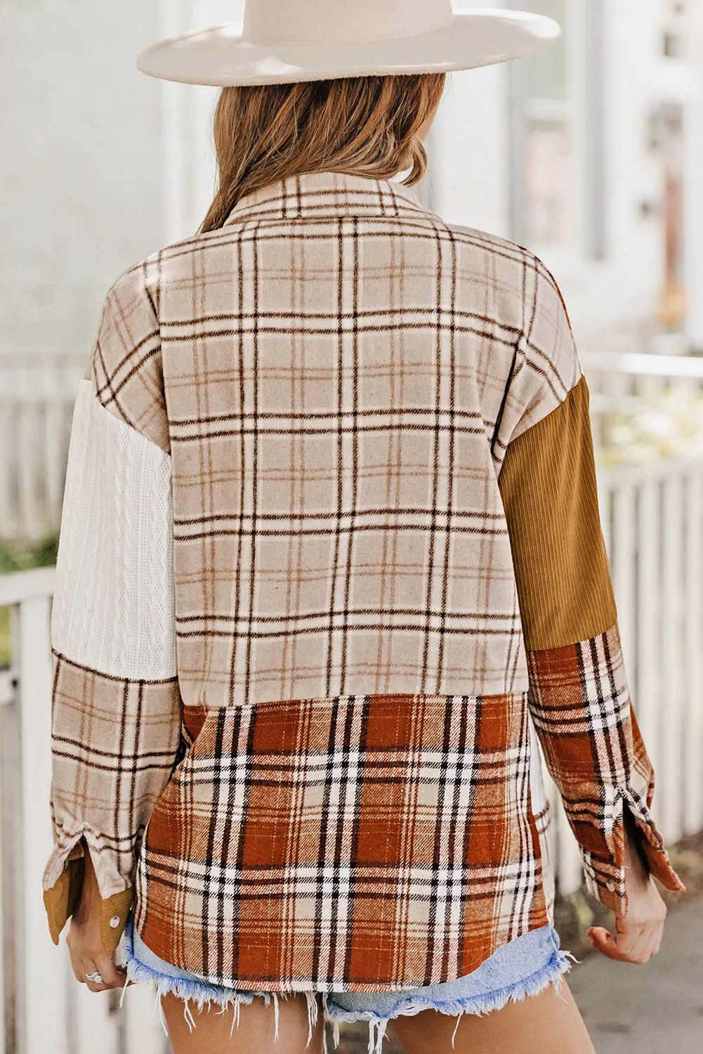 Threaded Pear Sutton Plaid Color Block Patchwork Shirt Jacket with Pocket sold by Zulily product image thumbnail 2