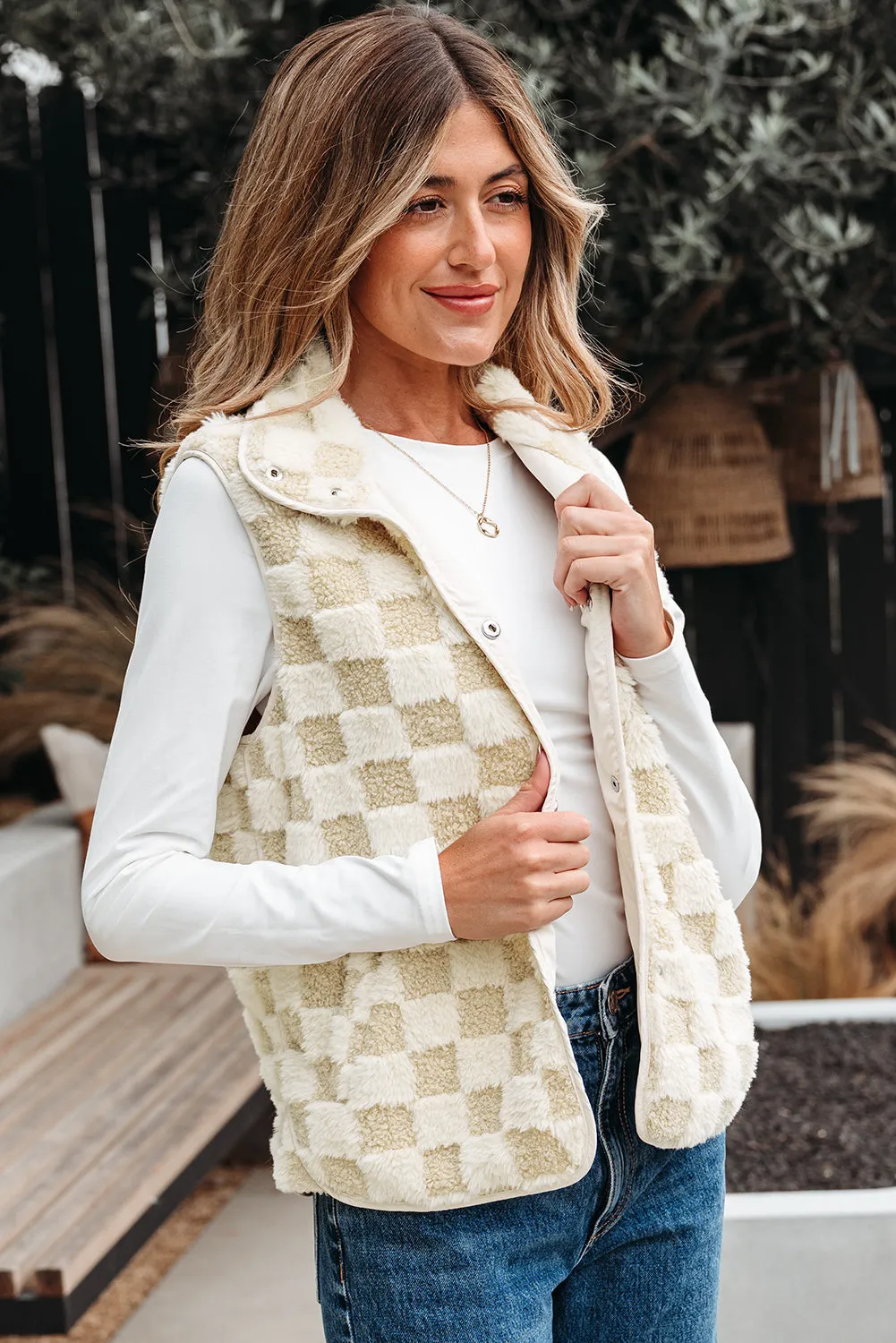 Threaded Pear Stevie Sherpa Checkerboard Button Vest With Pocket sold by Zulily product image thumbnail 3