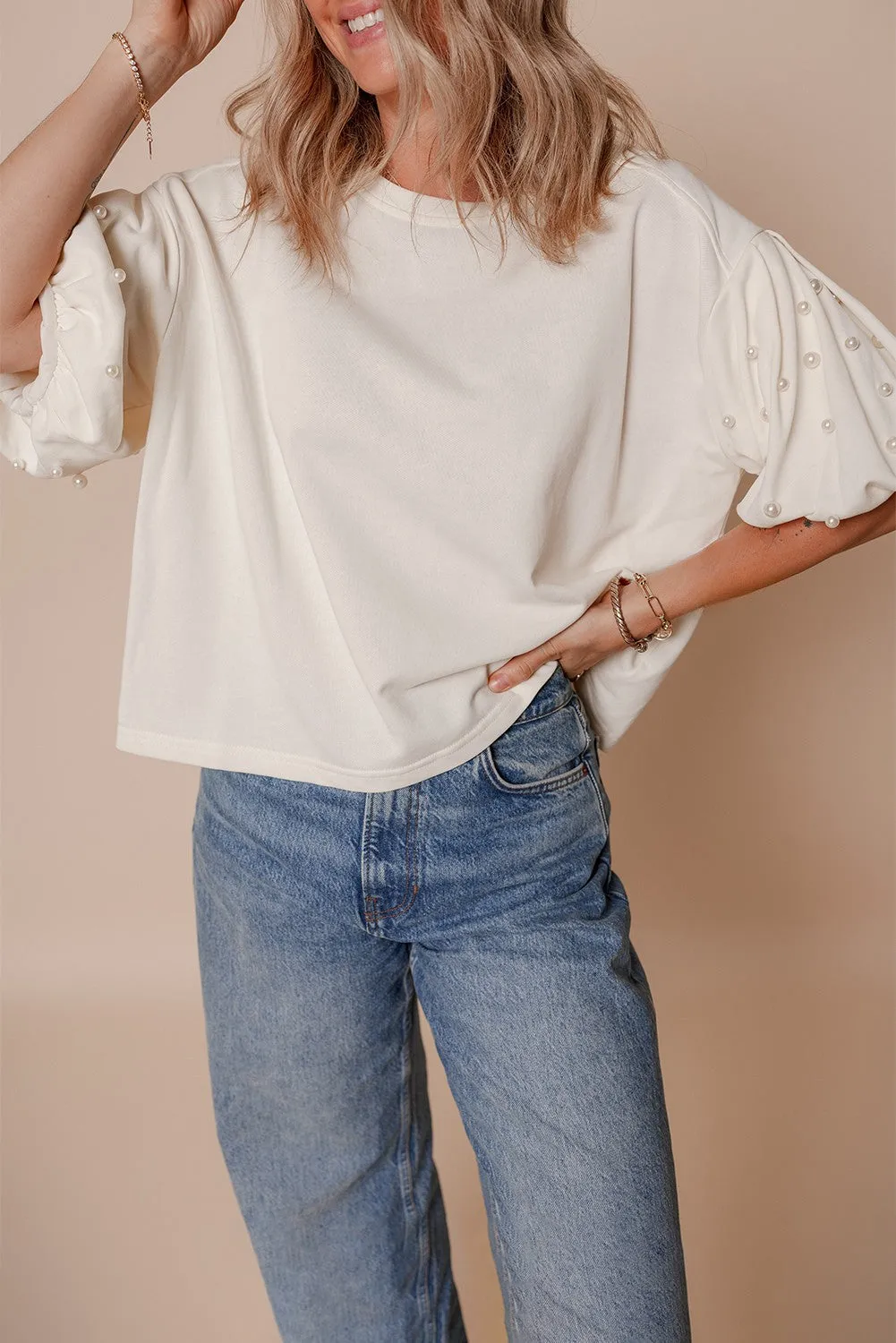 Threaded Pear Sylvia Pearled Puff Sleeve Loose Top sold by Zulily product image thumbnail 3