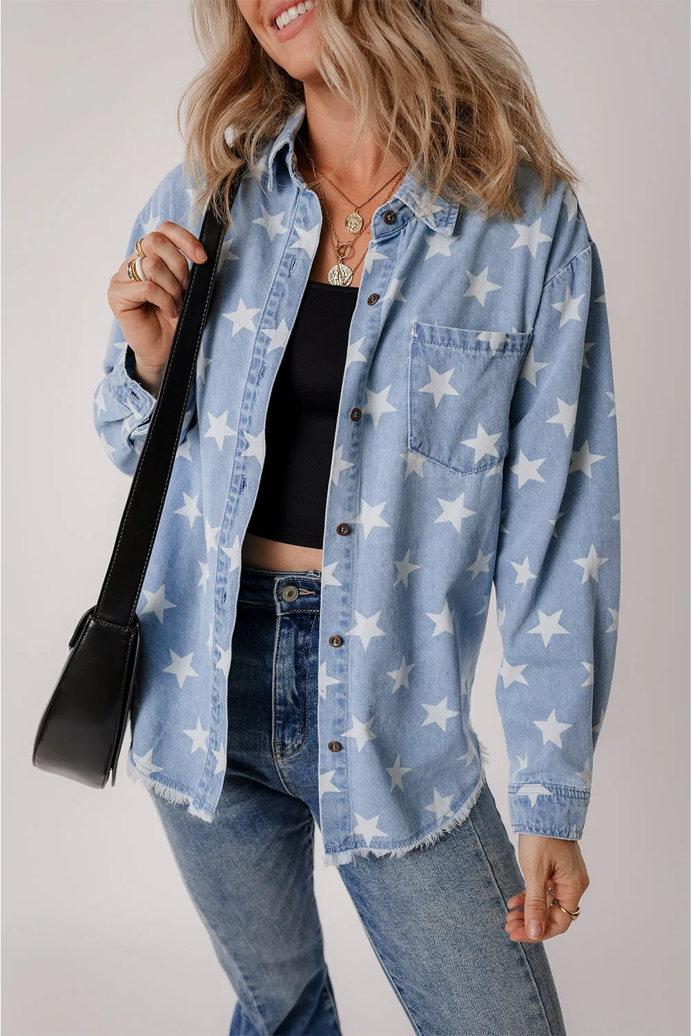 Threaded Pear Star Light Wash Raw Hem Denim Jacket sold by Zulily product image thumbnail 4