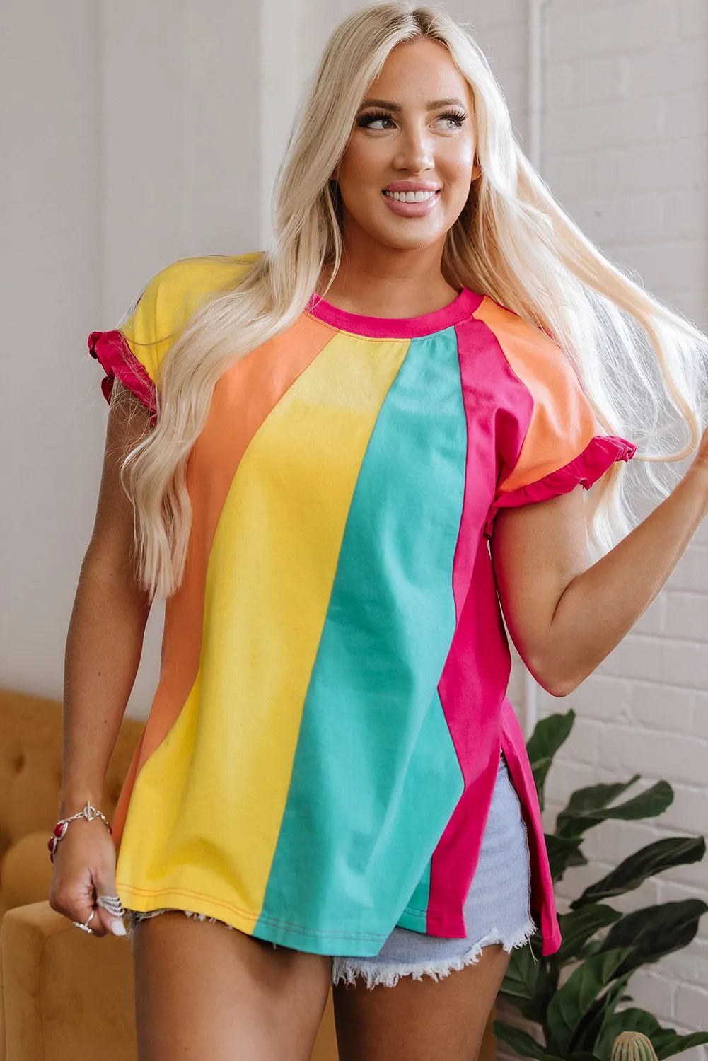 Threaded Pear Stormi Color Block Ruffled Crew Neck Loose Fit Top sold by Zulily