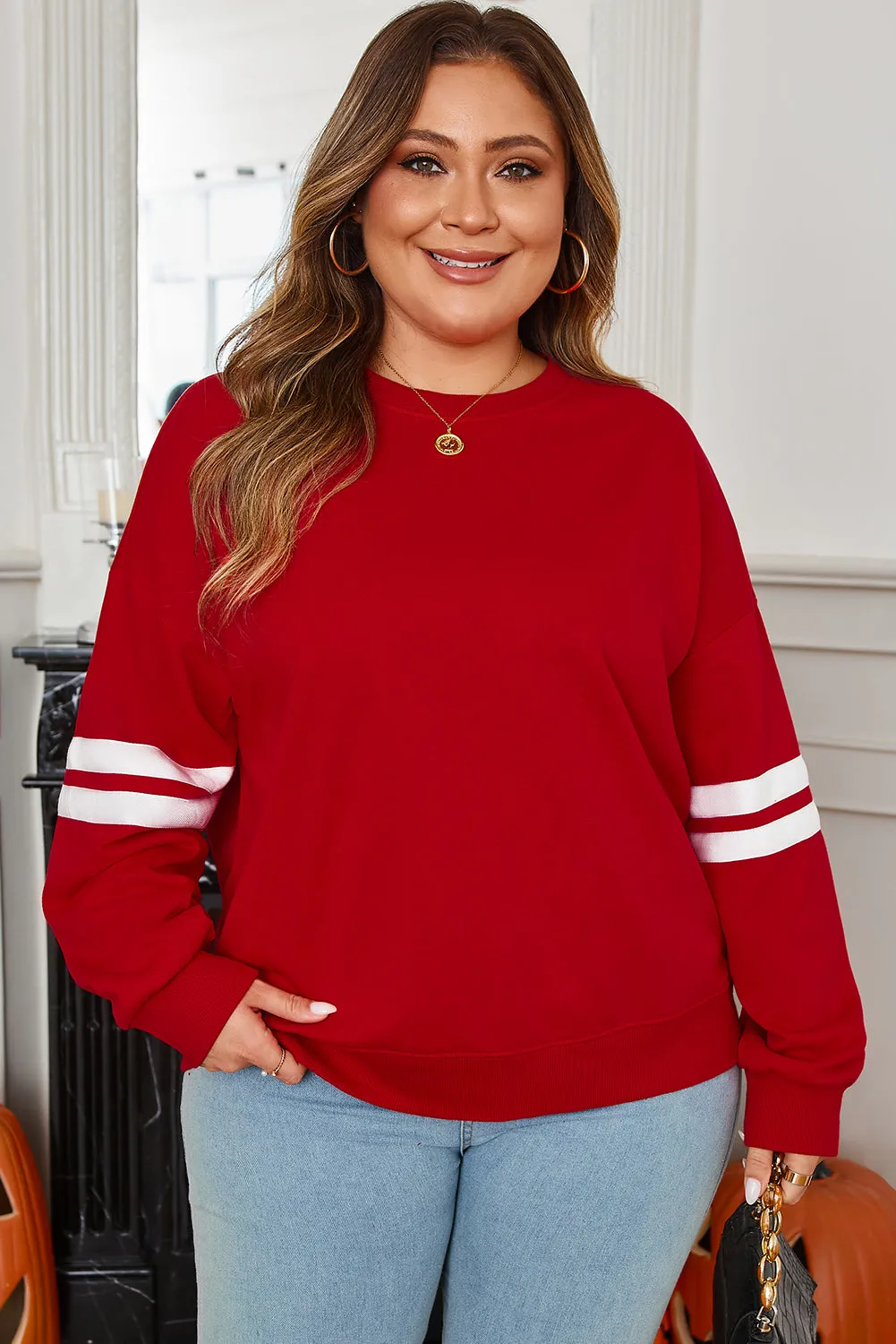 Threaded Pear Sophia Varsity Striped Detail Sweatshirt sold by Zulily