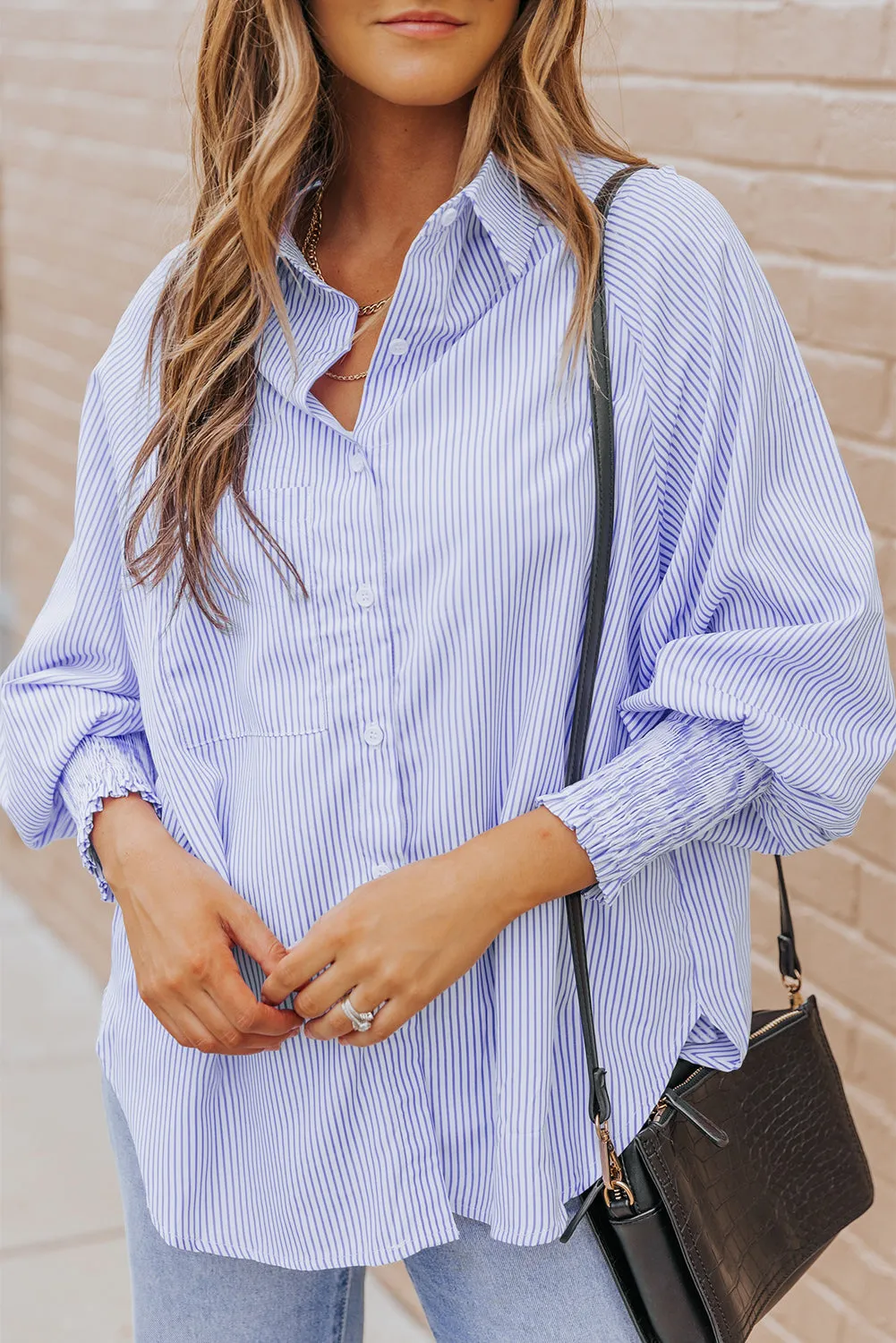 Threaded Pear Skye Smocked Cuffed Striped Boyfriend Shirt with Pocket sold by Zulily product image thumbnail 3