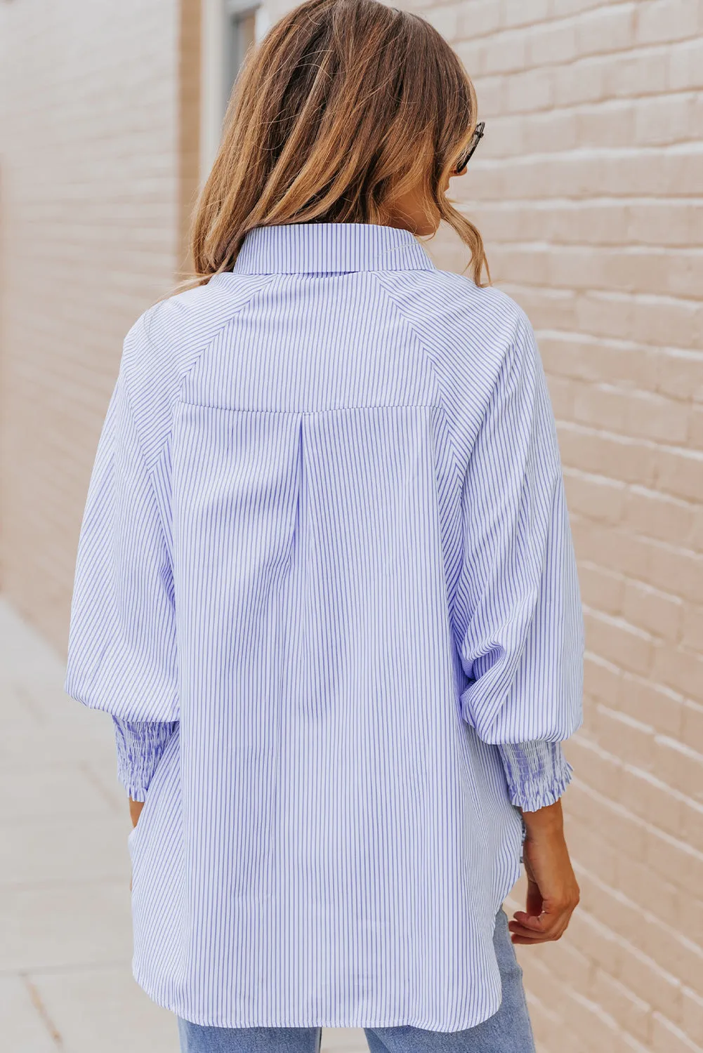 Threaded Pear Skye Smocked Cuffed Striped Boyfriend Shirt with Pocket sold by Zulily product image thumbnail 4