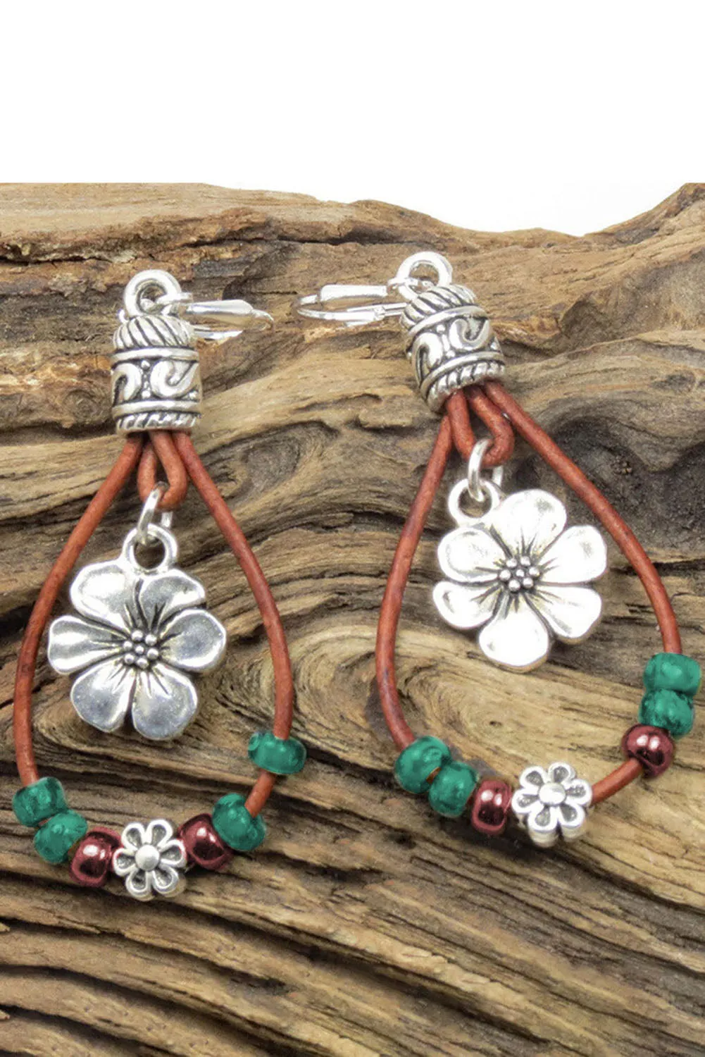 Threaded Pear Silvery Western Leather Beaded Floral Dangle Earrings sold by Zulily product image thumbnail 4