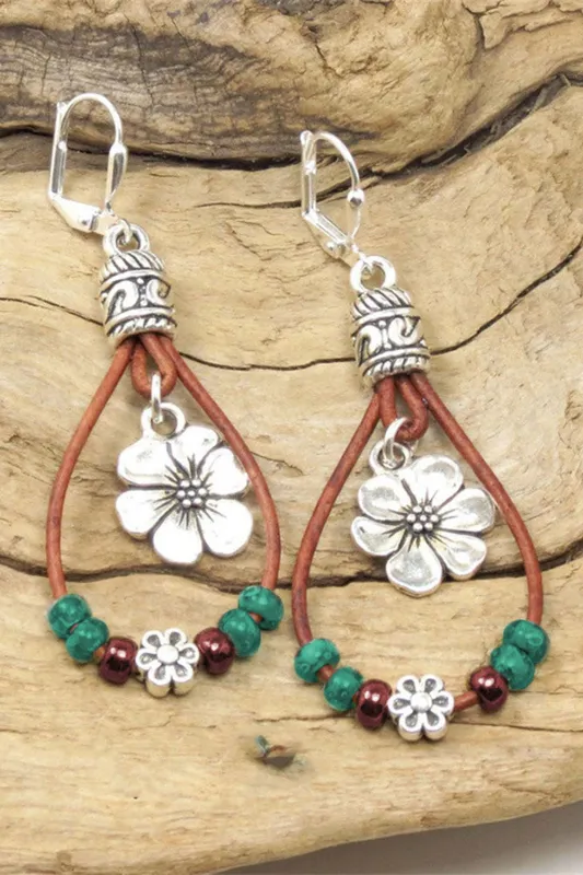 Threaded Pear Silvery Western Leather Beaded Floral Dangle Earrings made by Threaded Pear