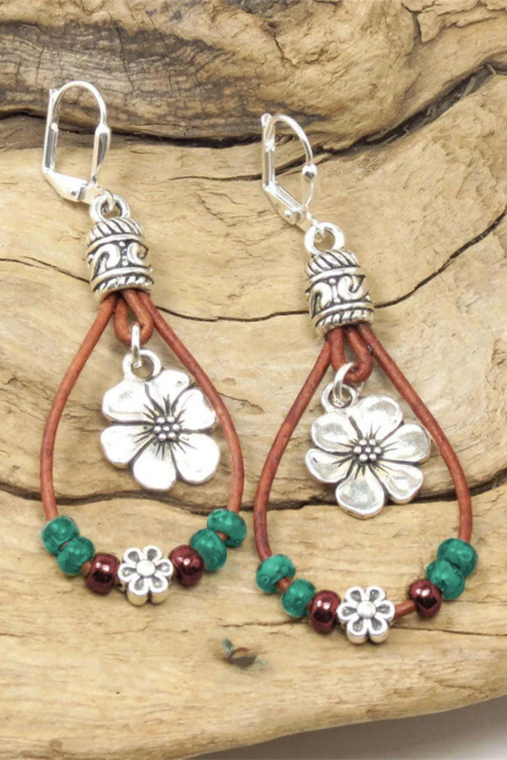 Threaded Pear Silvery Western Leather Beaded Floral Dangle Earrings sold by Zulily