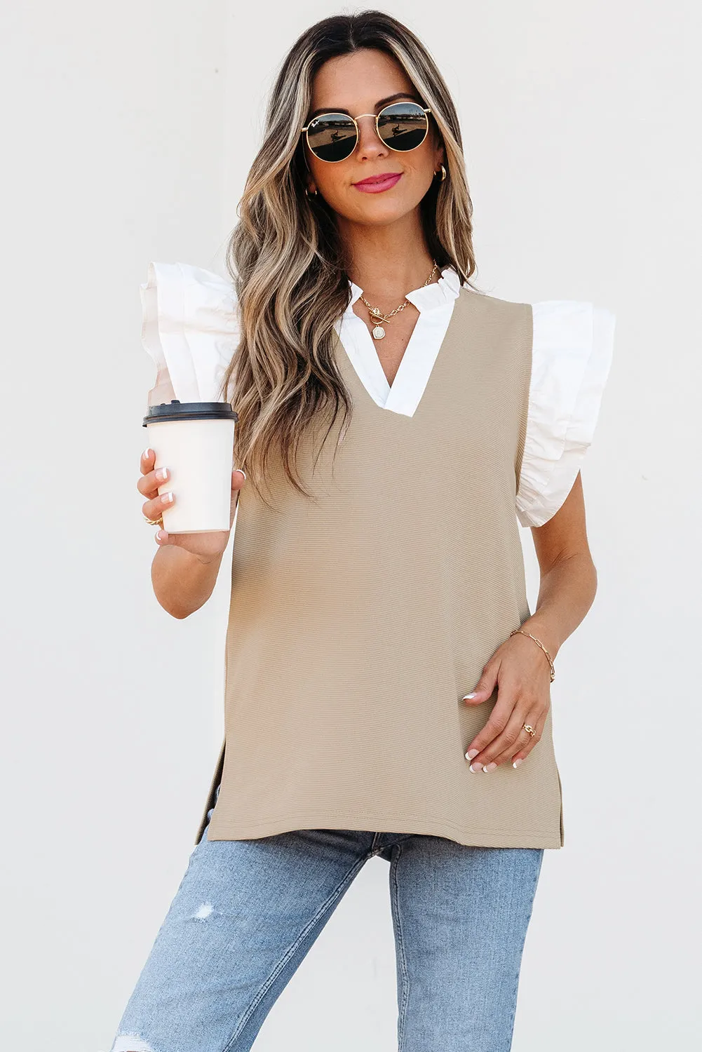 Threaded Pear Serena Contrast V Neck Ruffled Textured Knit Top sold by Zulily product image thumbnail 4