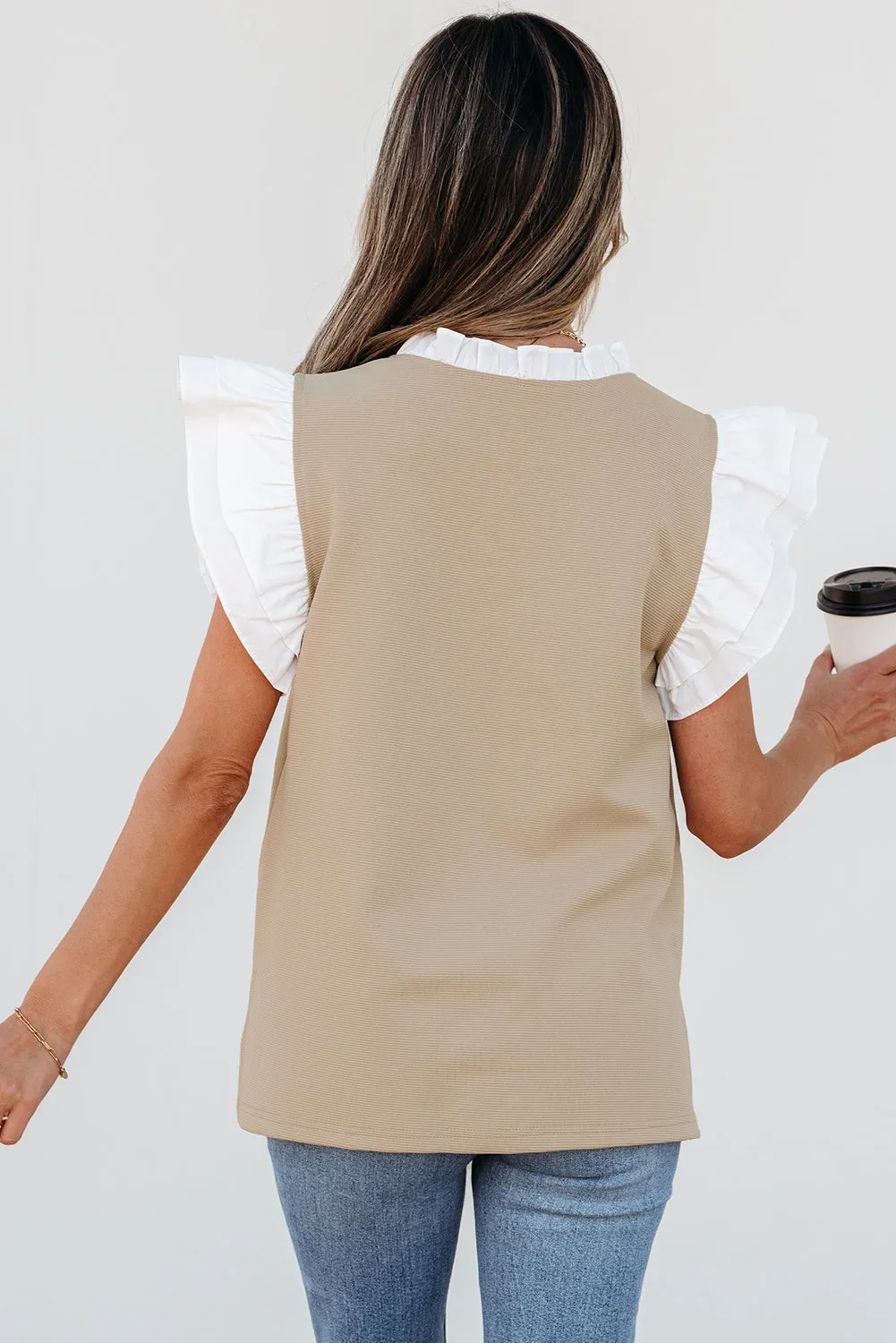 Threaded Pear Serena Contrast V Neck Ruffled Textured Knit Top sold by Zulily product image thumbnail 2