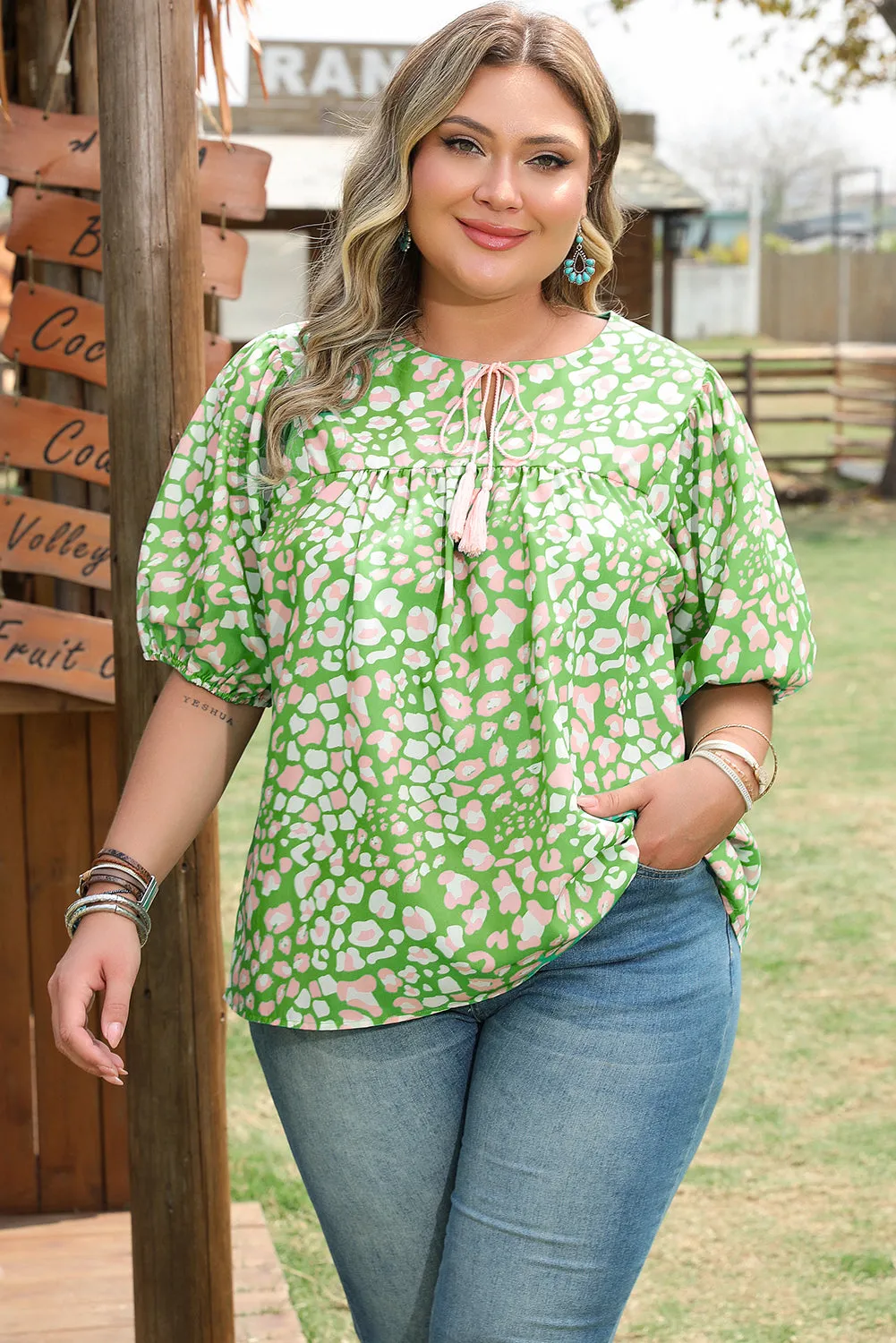 Threaded Pear Selena Plus Size Floral Tassel Tie Blouse sold by Zulily