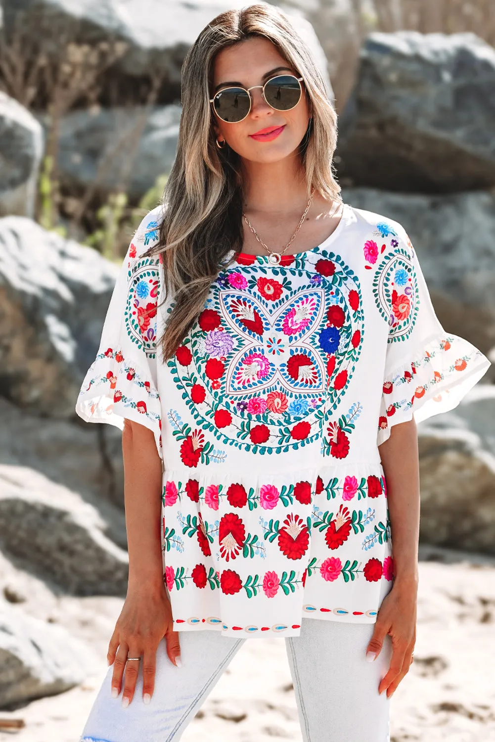 Threaded Pear Selene Boho Floral Ruffle Trim Blouse sold by Zulily