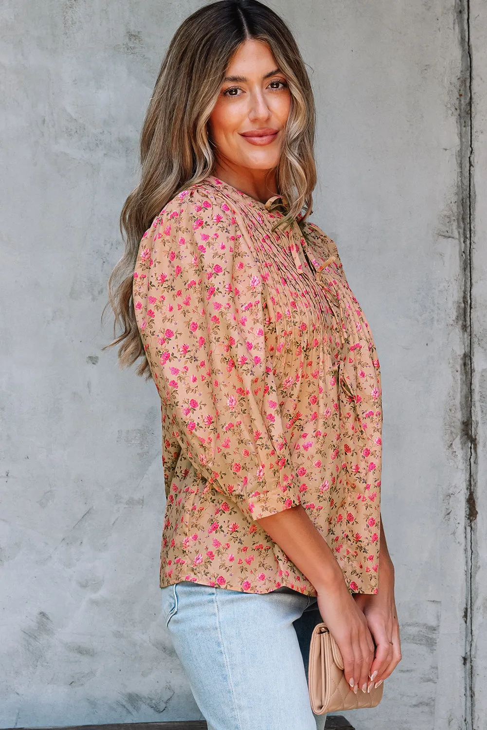 Threaded Pear Sadie Floral Bow Pin-tuck Bust Half Puff Sleeve Blouse sold by Zulily product image thumbnail 3
