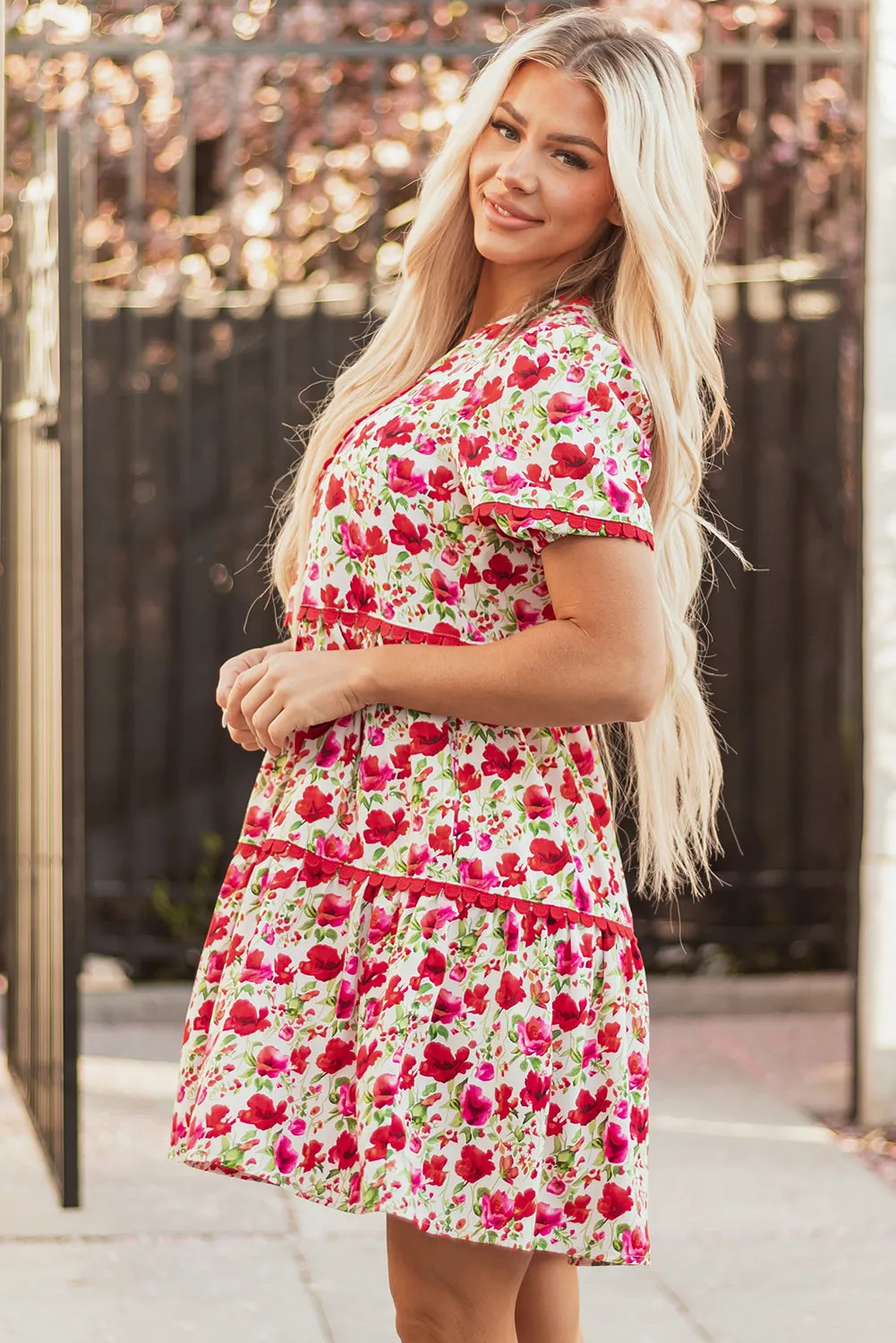 Threaded Pear Ruby Floral Puff Sleeve Tiered Ric Rac Pocketed Mini Dress sold by Zulily product image thumbnail 3