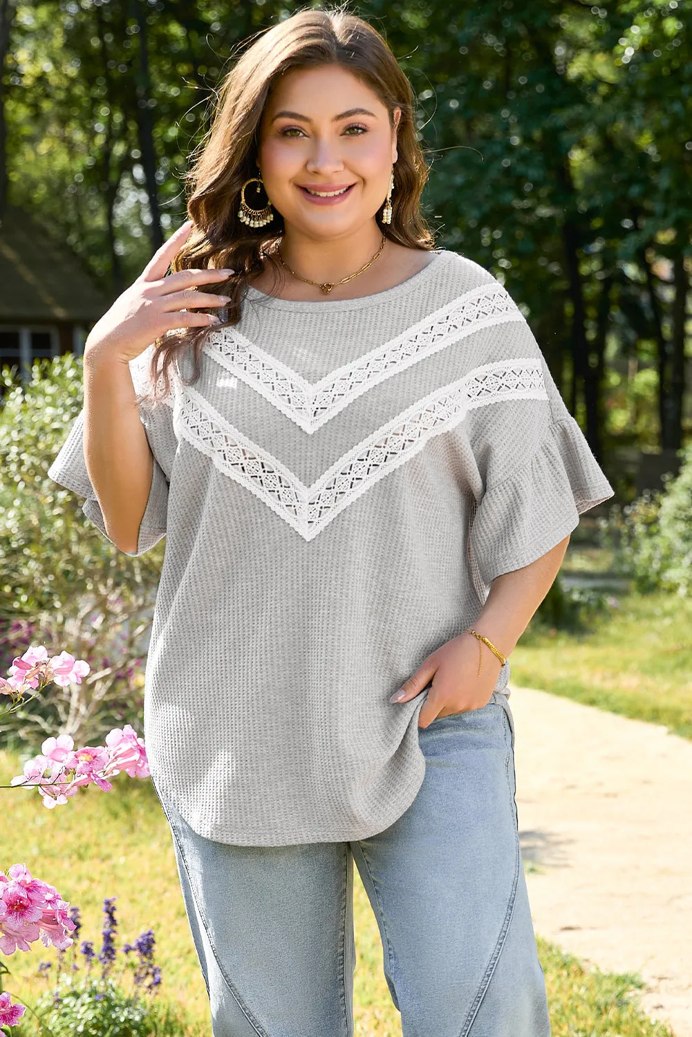 Threaded Pear Rory Plus Size Lace Insert Waffle Ruffle Top sold by Zulily
