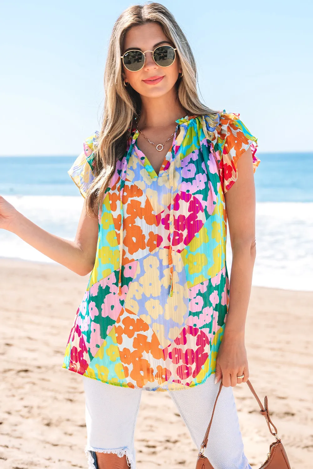 Threaded Pear Rosa Flutter Sleeve V Neck Crinkled Blouse sold by Zulily product image thumbnail 4