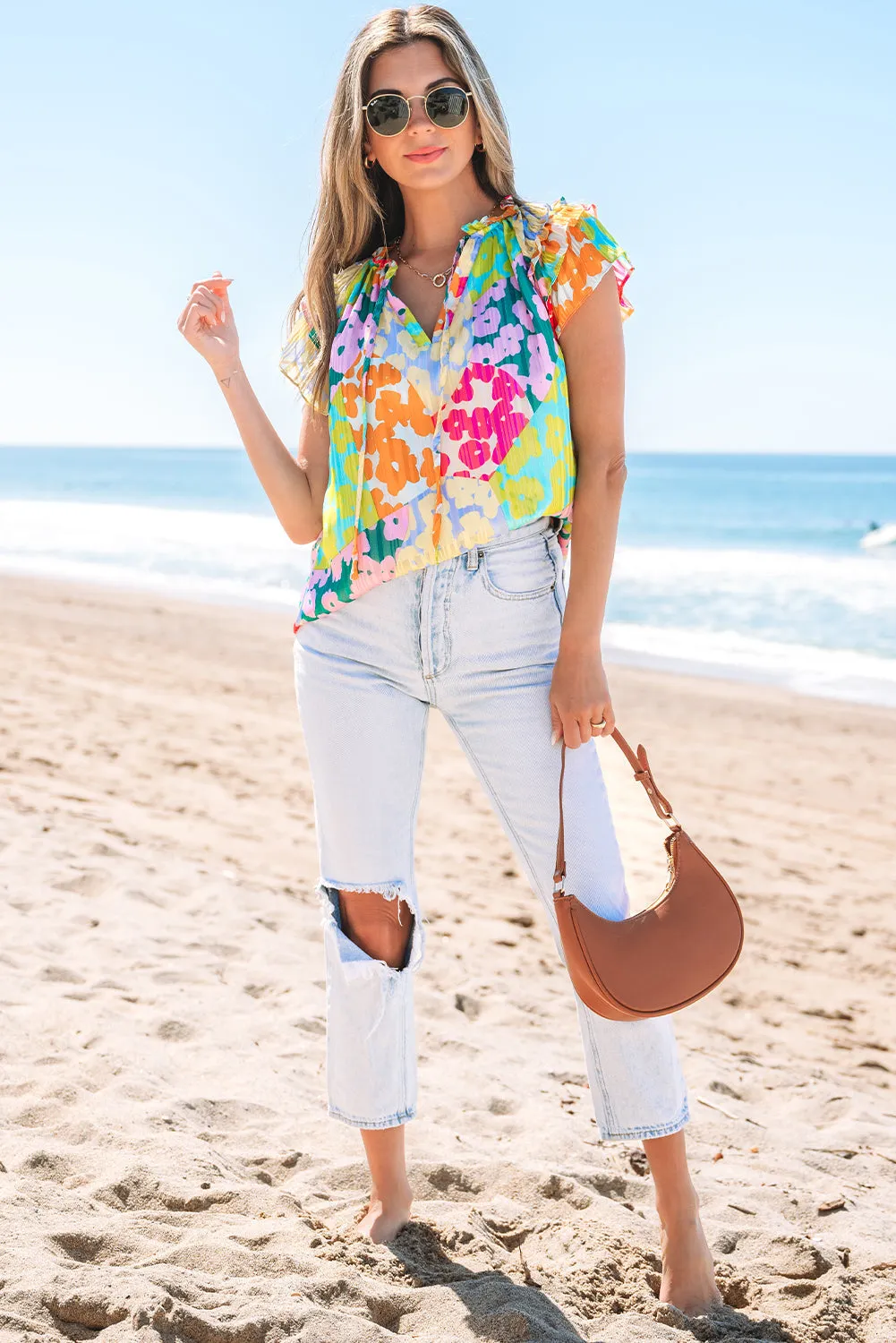 Threaded Pear Rosa Flutter Sleeve V Neck Crinkled Blouse sold by Zulily product image thumbnail 5