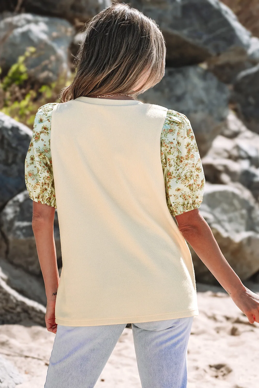 Threaded Pear Rayne Floral Bubble Sleeve Patchwork Ribbed Top sold by Zulily product image thumbnail 2