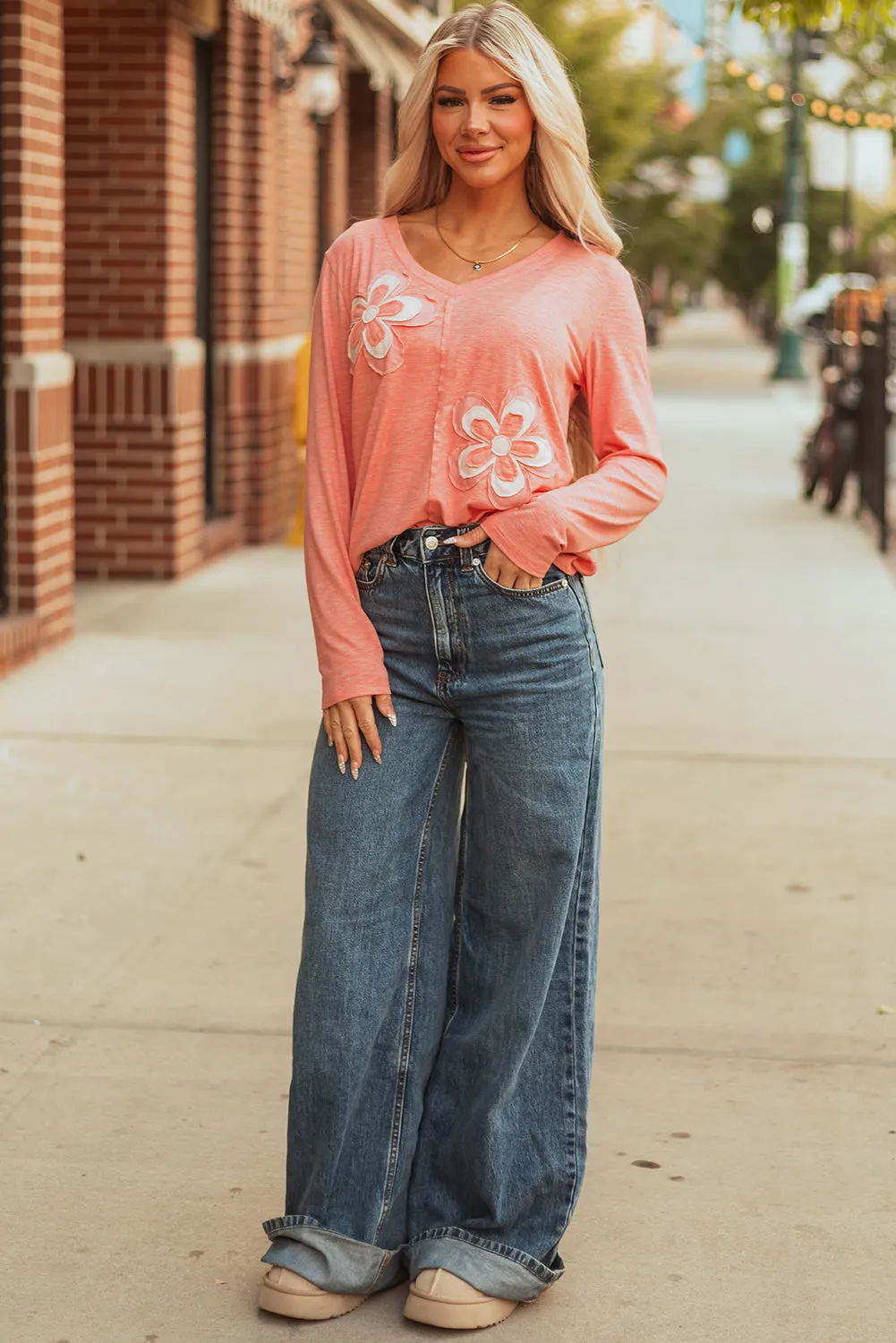 Threaded Pear Rachel Floral Patchwork V Neck Long Sleeve Top sold by Zulily product image thumbnail 4