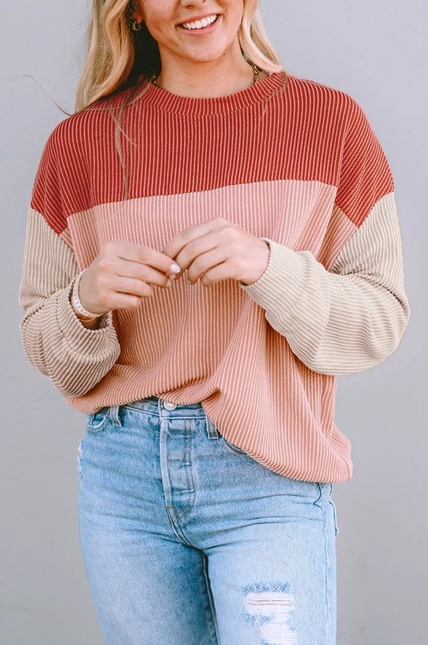 Threaded Pear Rachel Block Long Sleeve Ribbed Loose Top sold by Zulily
