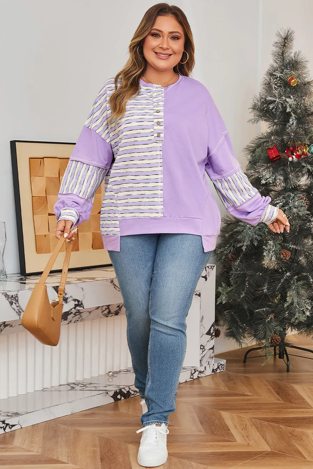 Threaded Pear Purple Stripe Patchwork Buttoned Drop Shoulder Plus Size Pullover sold by Zulily product image thumbnail 2