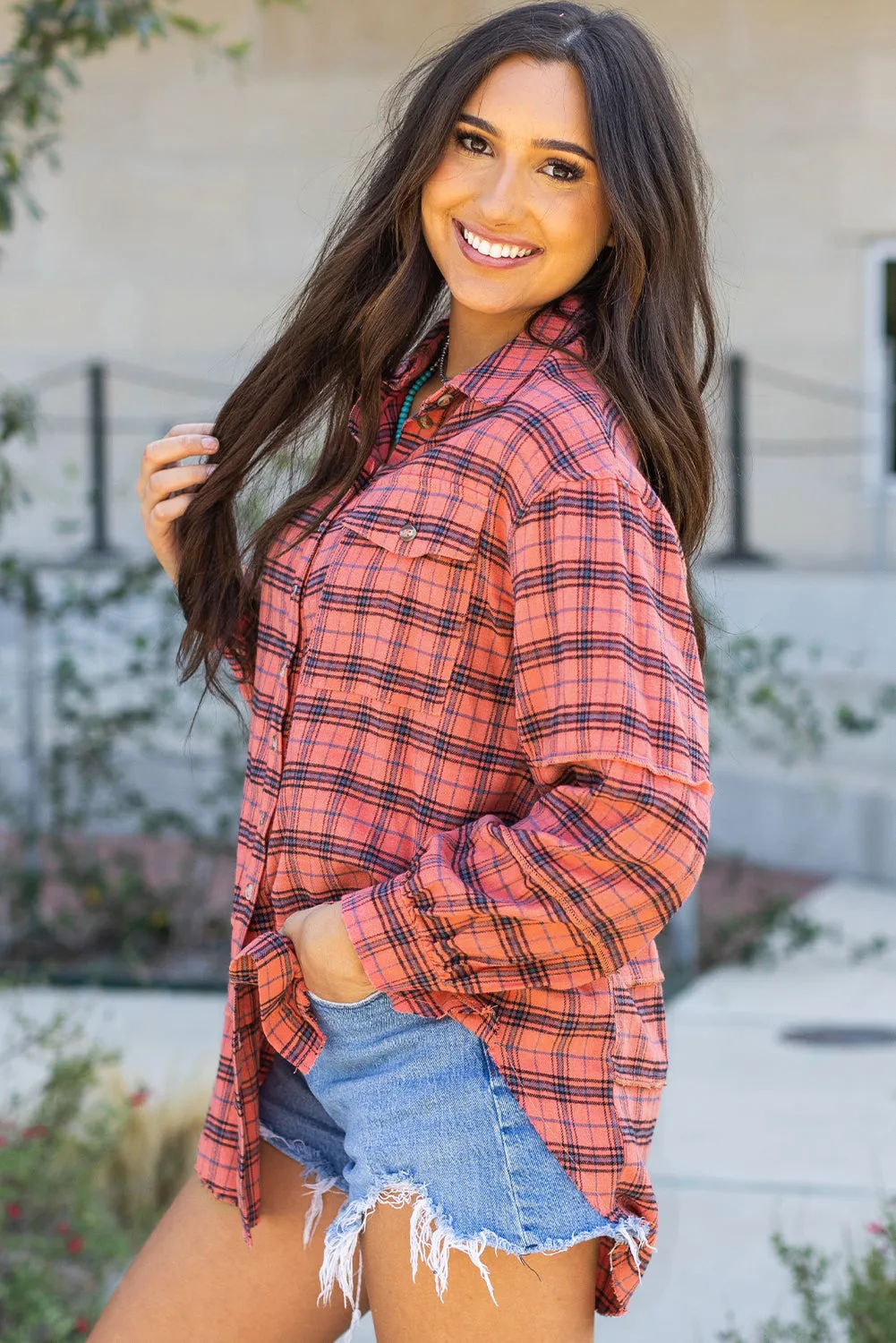 Threaded Pear Plaid Long Sleeve Side Split Distressed Shirt sold by Zulily product image thumbnail 3