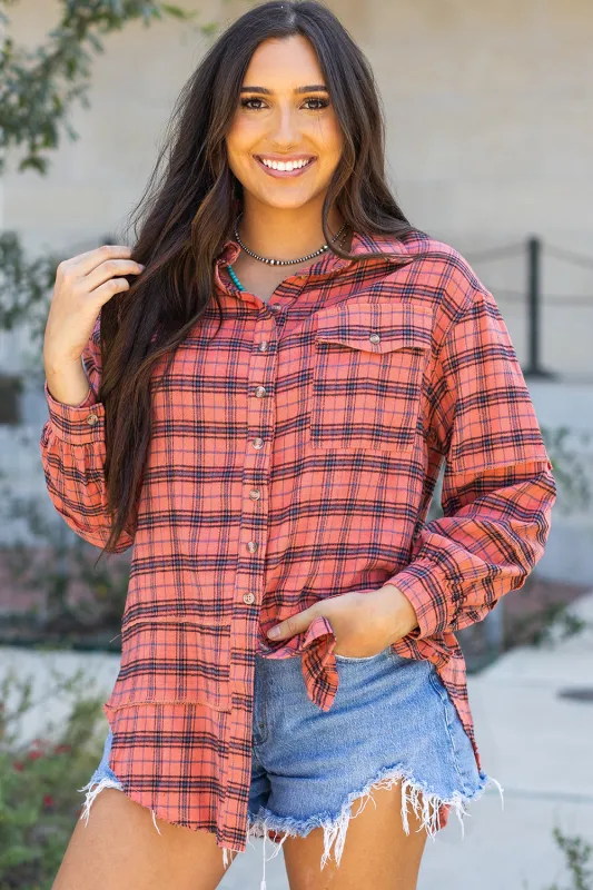 Threaded Pear Plaid Long Sleeve Side Split Distressed Shirt made by Threaded Pear