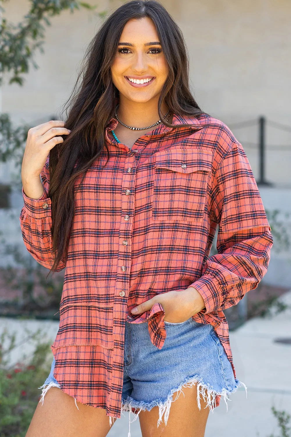 Threaded Pear Plaid Long Sleeve Side Split Distressed Shirt sold by Zulily