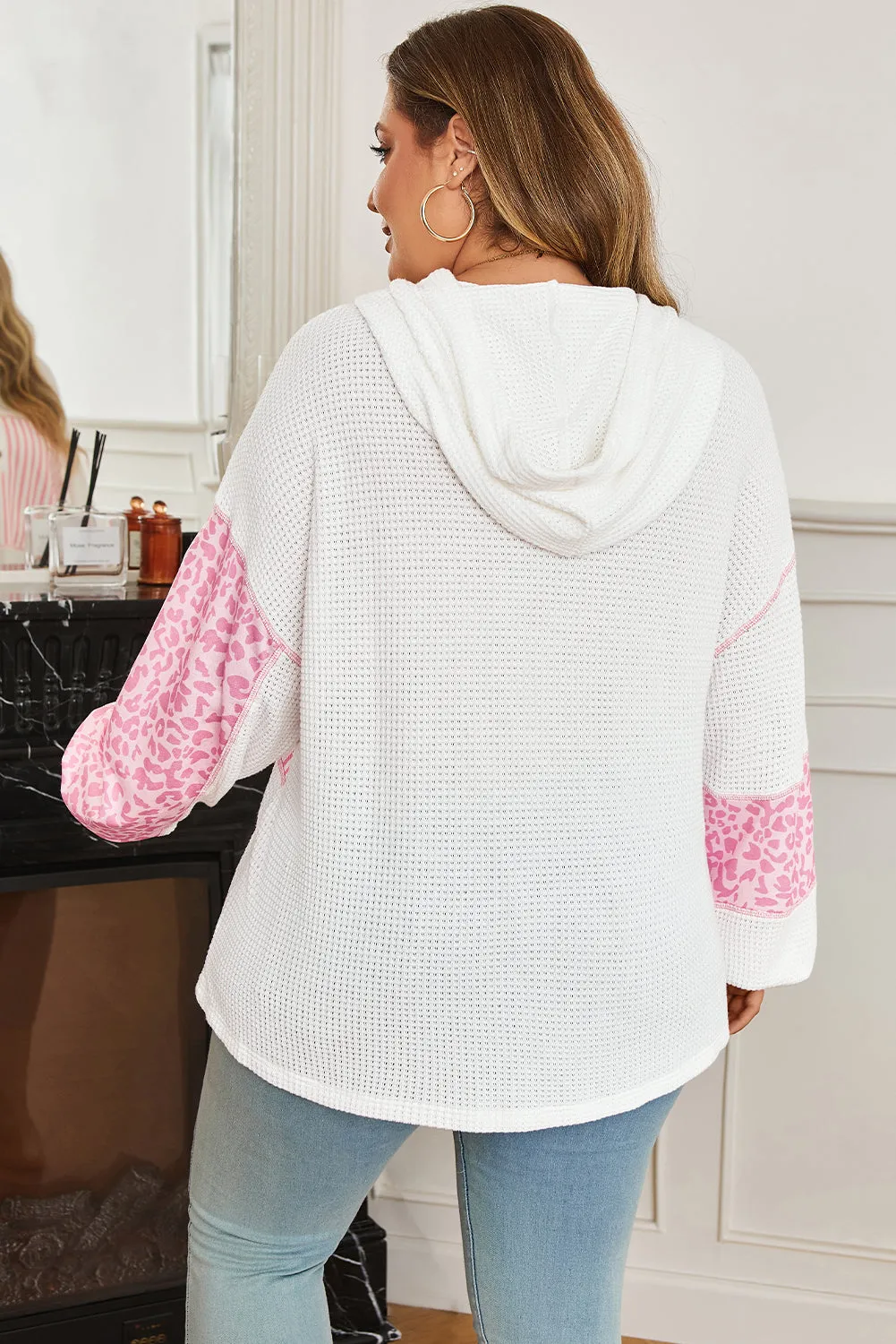 Threaded Pear Pink Stripe Leopard Patchwork Waffle Knit Buttoned Plus Size Hoodie sold by Zulily product image thumbnail 2