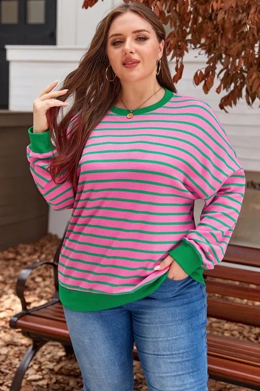 Threaded Pear Pink Stripe Waffle Knit Crew Neck Plus Size Sweatshirt made by Threaded Pear