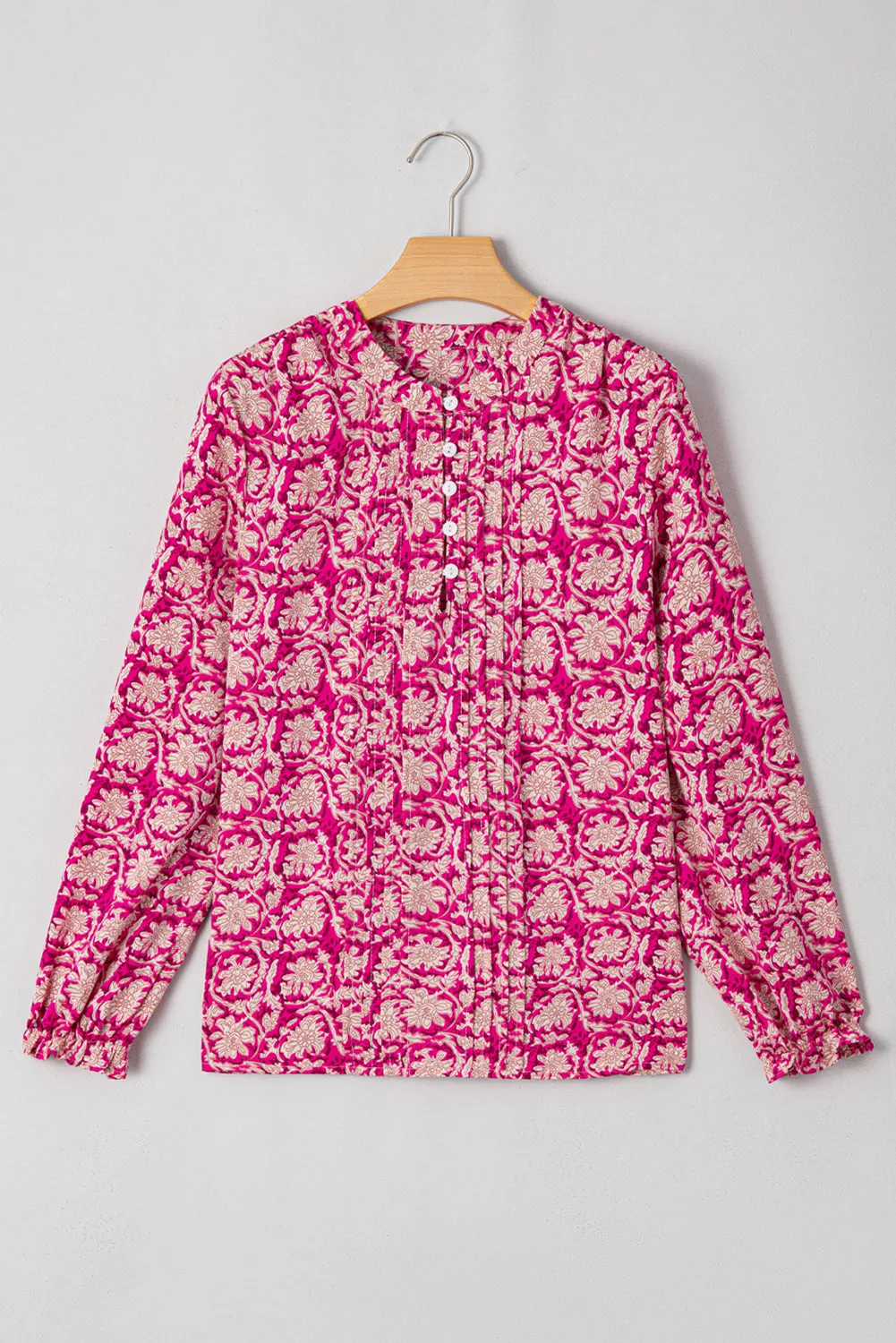 Threaded Pear Pink Floral Print Split Neck Pleated Puff Sleeve Blouse sold by Zulily