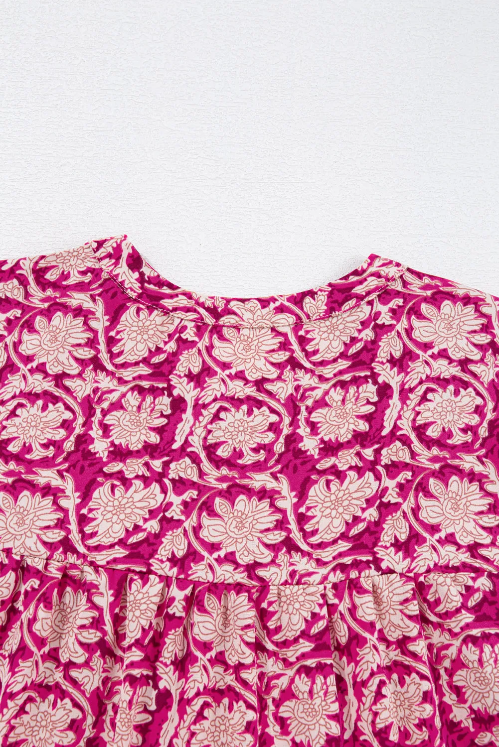 Threaded Pear Pink Floral Print Split Neck Pleated Puff Sleeve Blouse sold by Zulily product image thumbnail 4