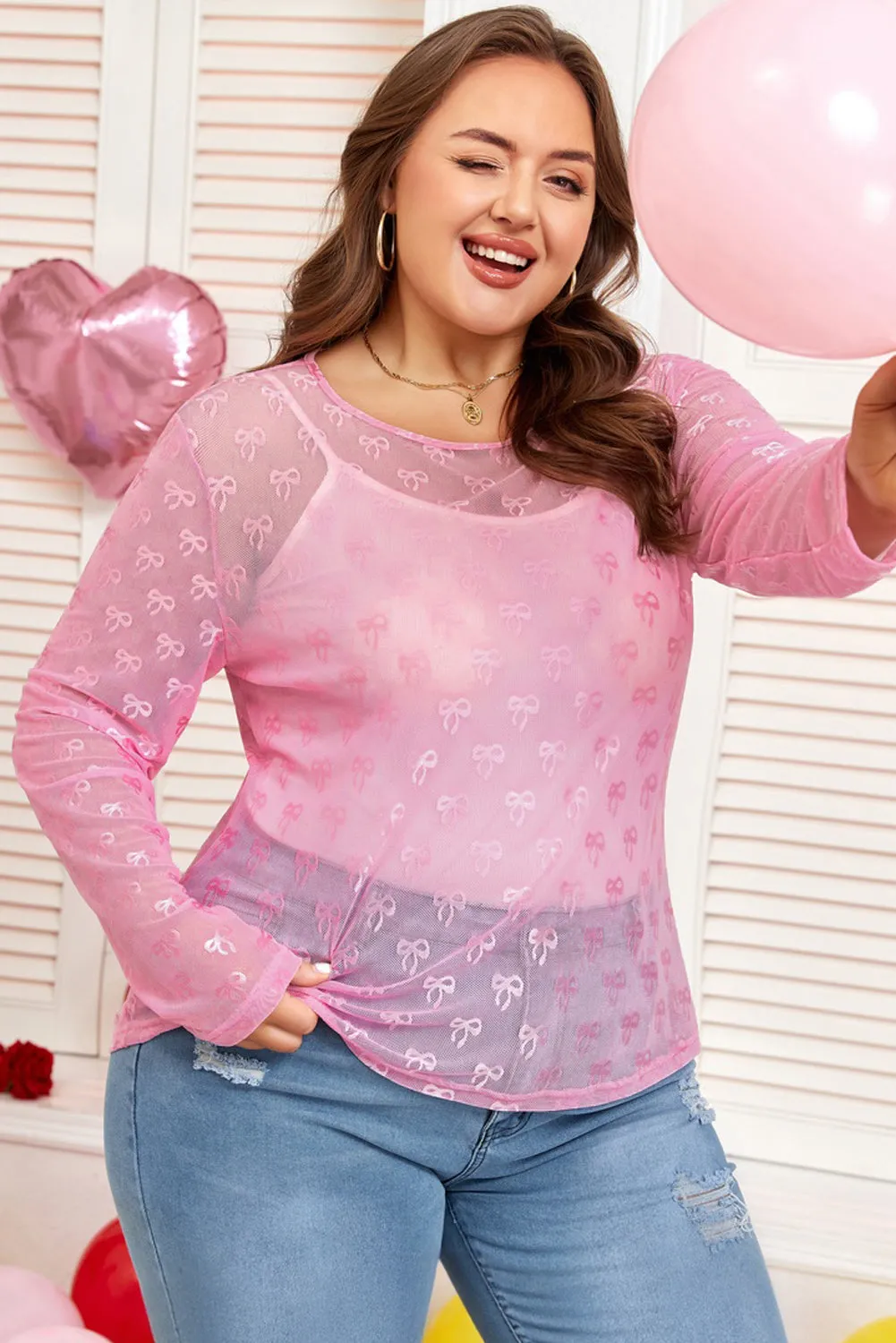 Threaded Pear Pink Plus Size Bow Embroidered Mesh Long Sleeve Top sold by Zulily product image thumbnail 4