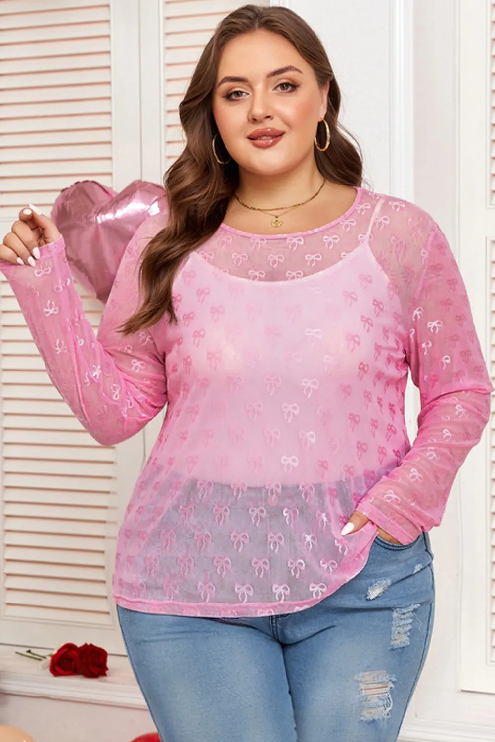 Threaded Pear Pink Plus Size Bow Embroidered Mesh Long Sleeve Top sold by Zulily