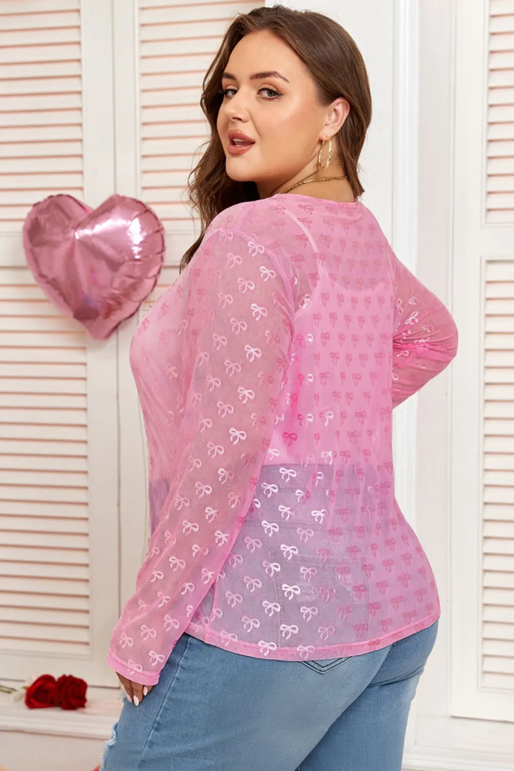 Threaded Pear Pink Plus Size Bow Embroidered Mesh Long Sleeve Top sold by Zulily product image thumbnail 2