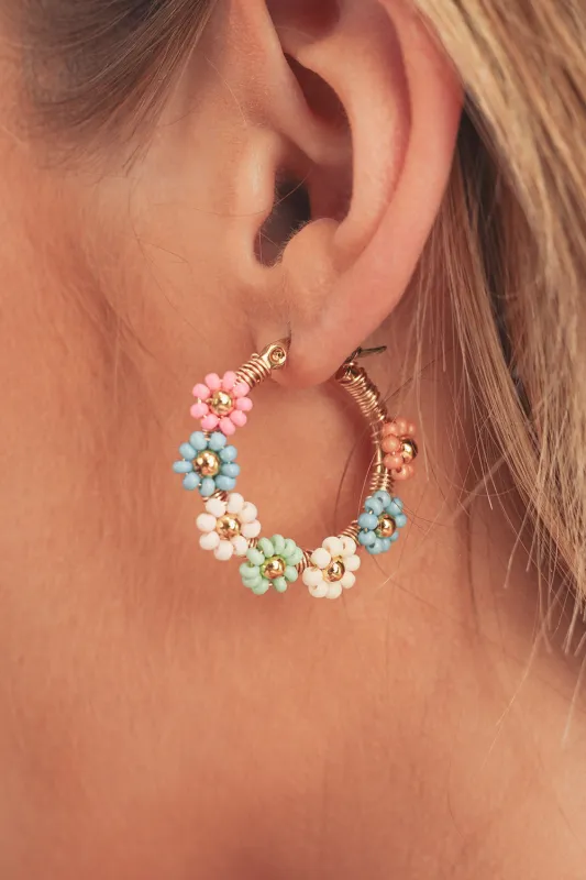 Threaded Pear Pink Colorful Flower Hoop Earrings made by Threaded Pear