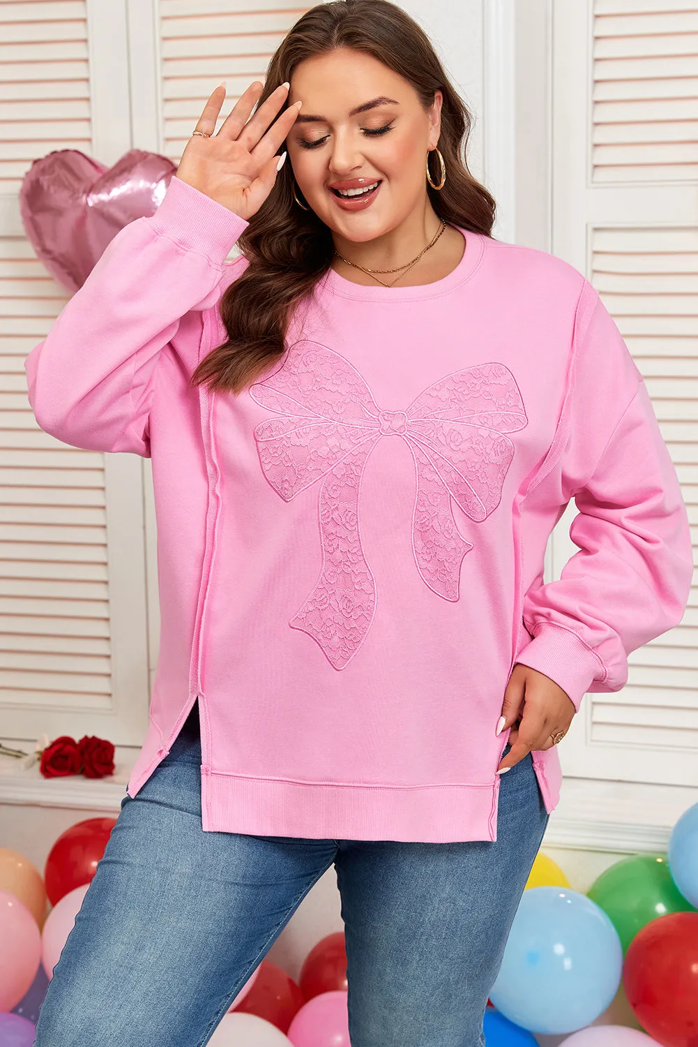 Threaded Pear Pink Big Bow Lace Embroidered Dolman Sleeve Slit Plus Size Sweatshirt sold by Zulily product image thumbnail 4