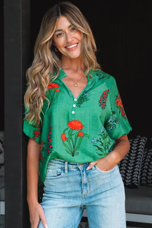 Threaded Pear Penelope Floral Buttoned V Neck Short Sleeve Blouse made by Threaded Pear