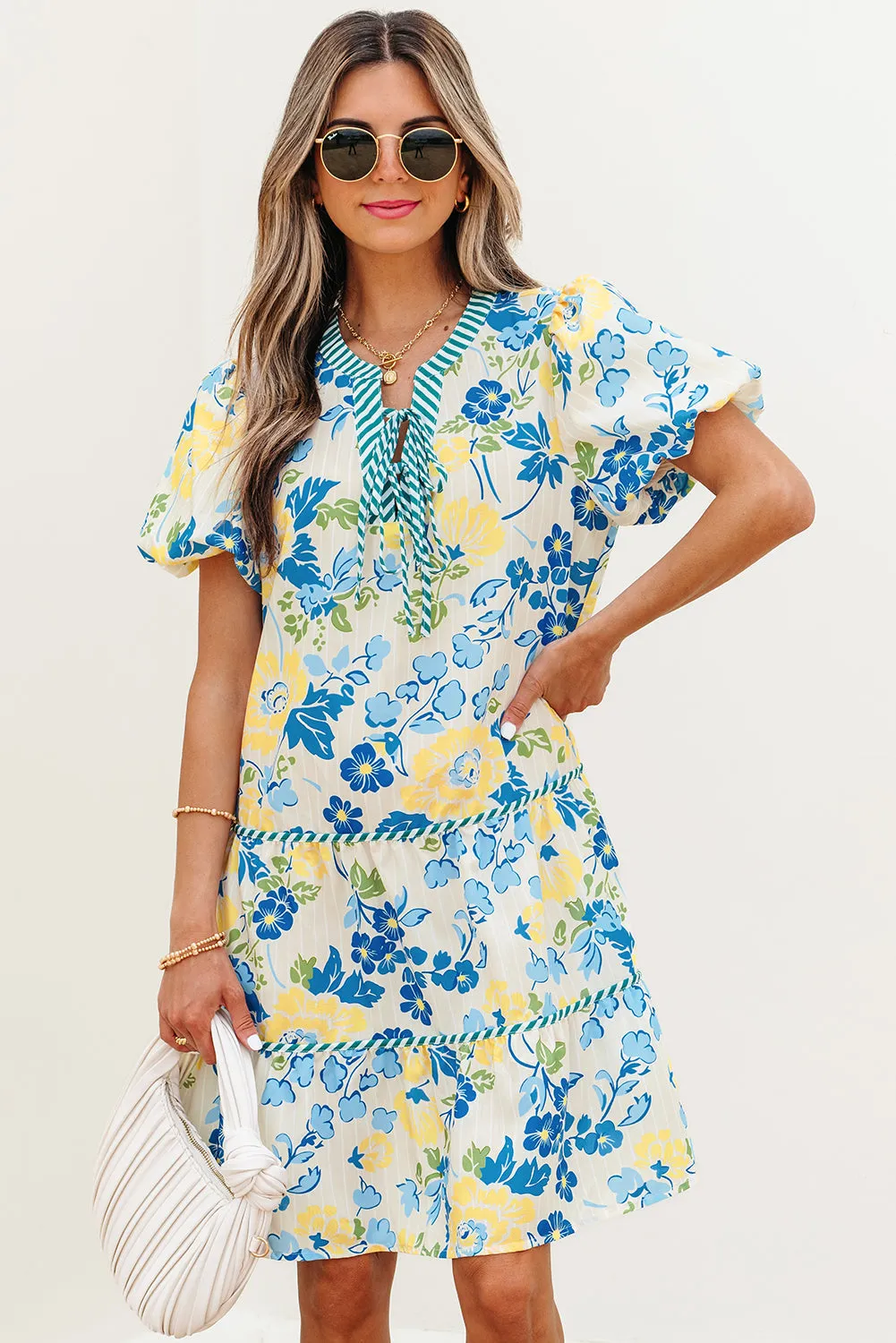 Threaded Pear Payton Floral Striped Trim Puff Short Sleeve Dress sold by Zulily