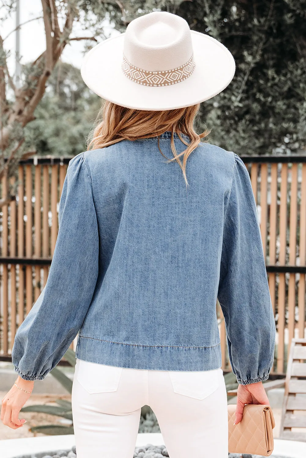 Threaded Pear Oakley Tied Front Long Puff Sleeve Denim Top sold by Zulily product image thumbnail 2